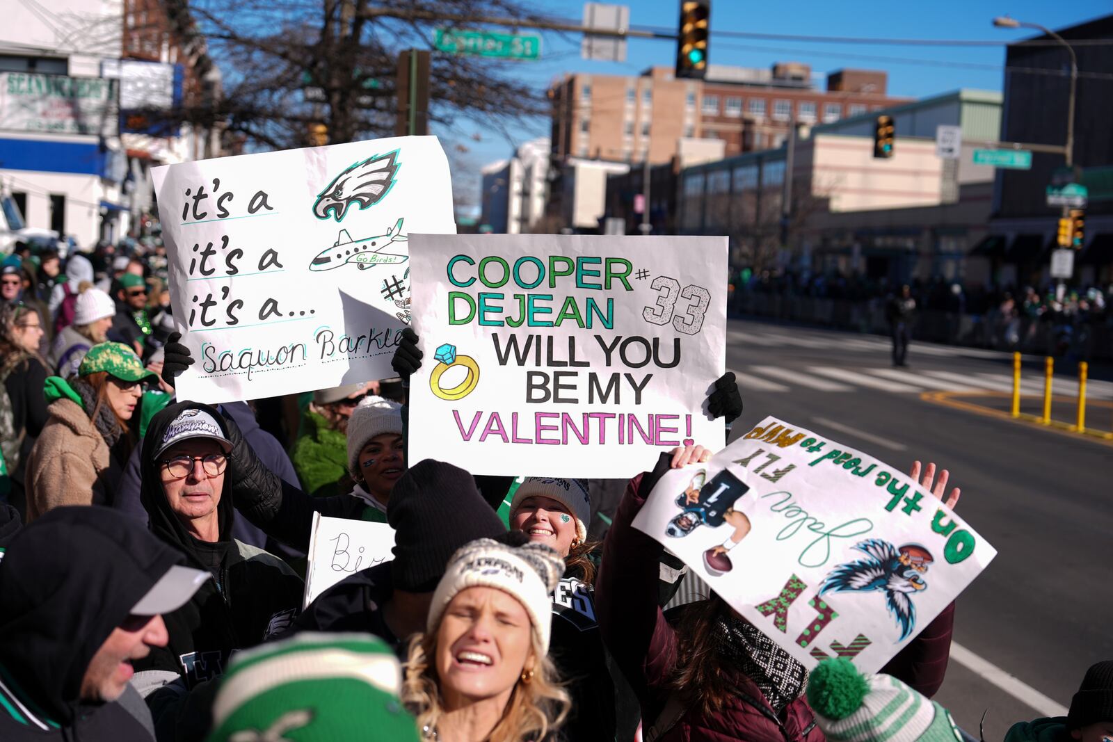 Fans wait before the Philadelphia Eagles' NFL football Super Bowl 59 parade and celebration, Friday, Feb. 14, 2025, in Philadelphia. (AP Photo/Matt Slocum)