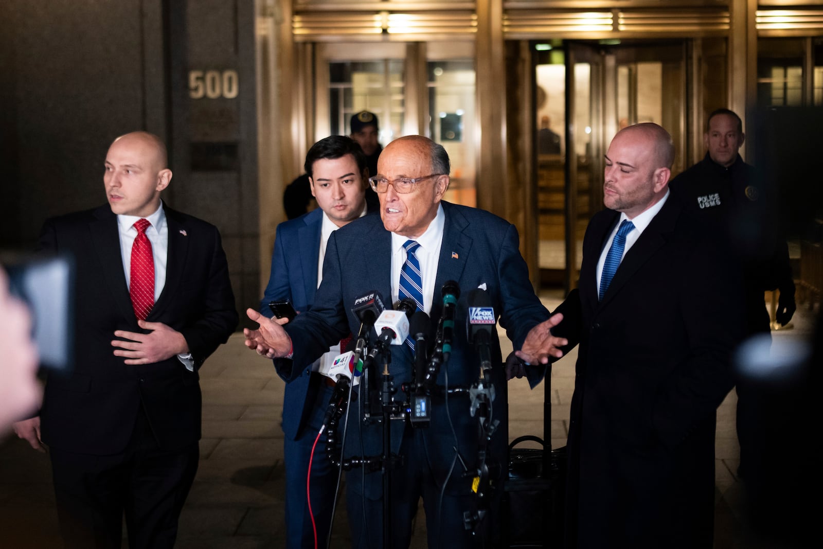 Rudy Giuliani speaks to the media outside of Manhattan federal court in New York, on Friday, Jan. 3, 2025. (AP Photo/Adam Gray)