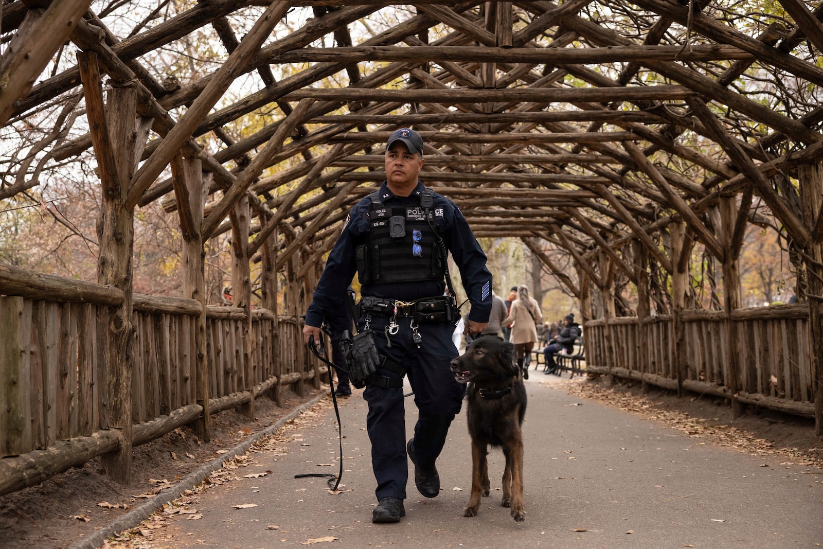 An NYPD police officer and K-9 dog search around a lake in Central Park, Monday, Dec. 9, 2024, in New York. (AP Photo/Yuki Iwamura)