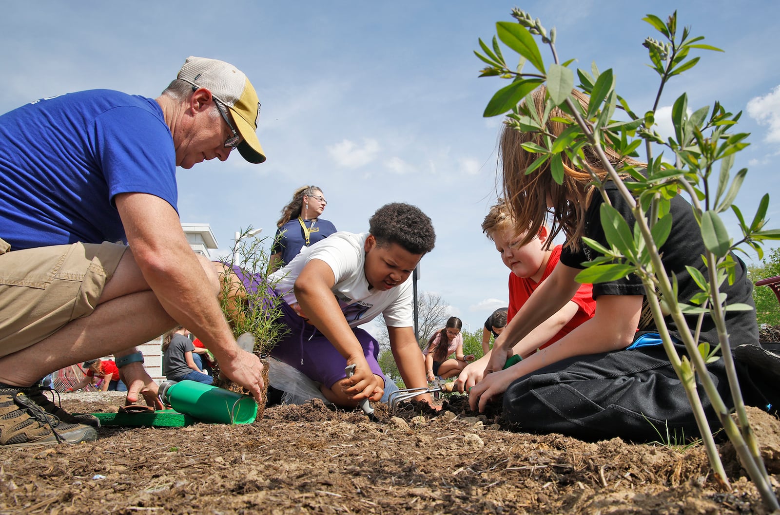 The OSU Master Gardener Volunteers helped Snyder Park Elementary students create a new pollinator garden in front of the school Tuesday, April 16, 2024. The Master Gardeners were donating their time and expertise to help the students set up their garden. The students and Master Gardeners weeded, composted and planted flowers in the garden. BILL LACKEY/STAFF