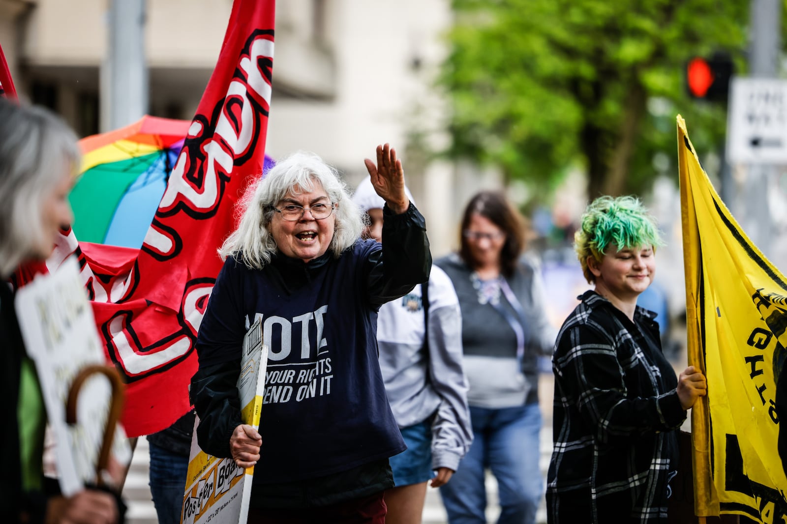 Dayton  Woman’s Rights Alliance organizer, Joy Schwab leads protests on West Third St. Tuesday May 2, 2022. Jim Noelker/Staff