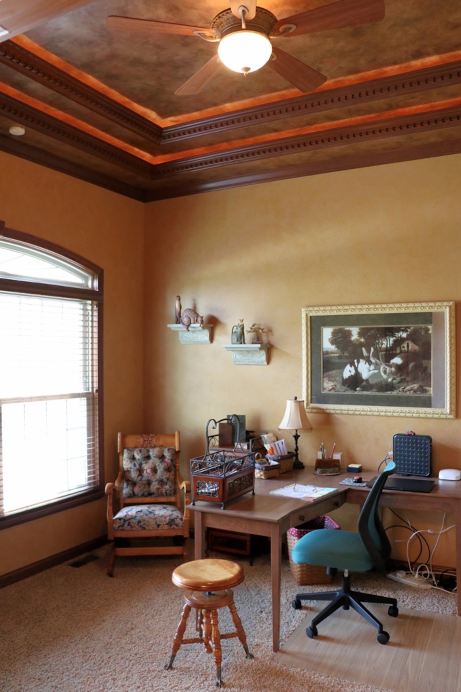 The study features a double-tray ceiling surrounded by dentil crown molding and detailed marbled ceiling paint. 