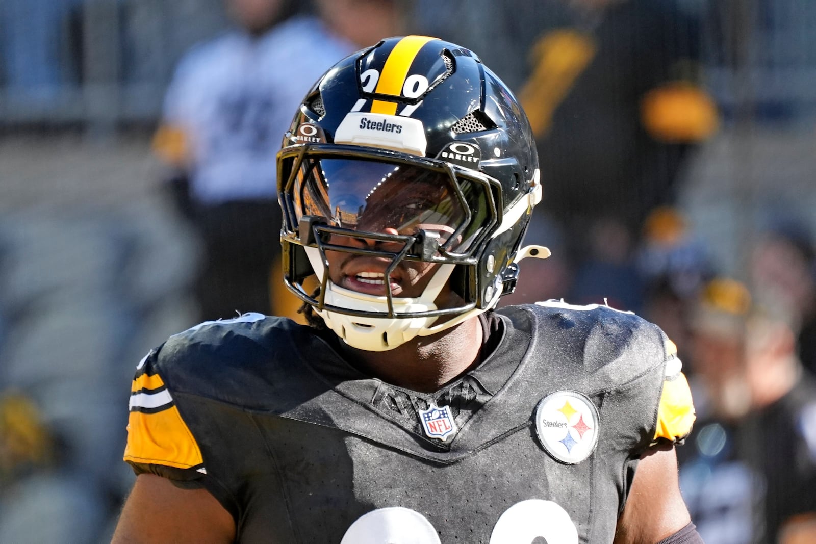 FILE - Pittsburgh Steelers defensive tackle Larry Ogunjobi (99) warms up before an NFL football game against the Cleveland Browns, Dec. 8, 2024, in Pittsburgh. (AP Photo/Gene J. Puskar, File)