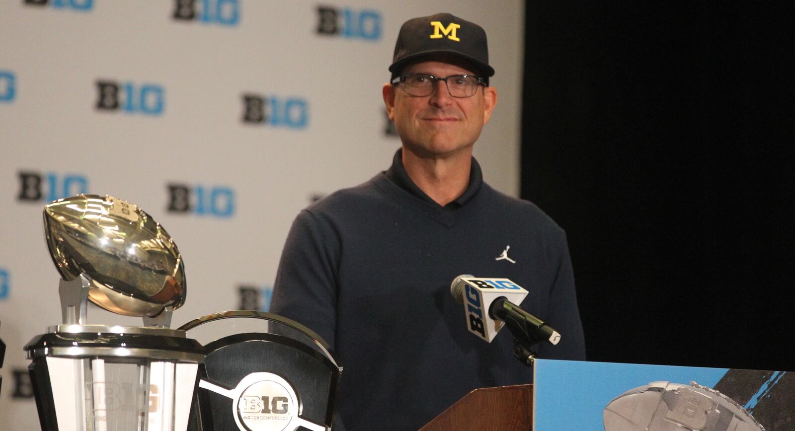 Michigan’s Jim Harbaugh speaks at Big Ten Media Days on Tuesday, July 24, 2017, at McCormick Place in Chicago. David Jablonski/Staff