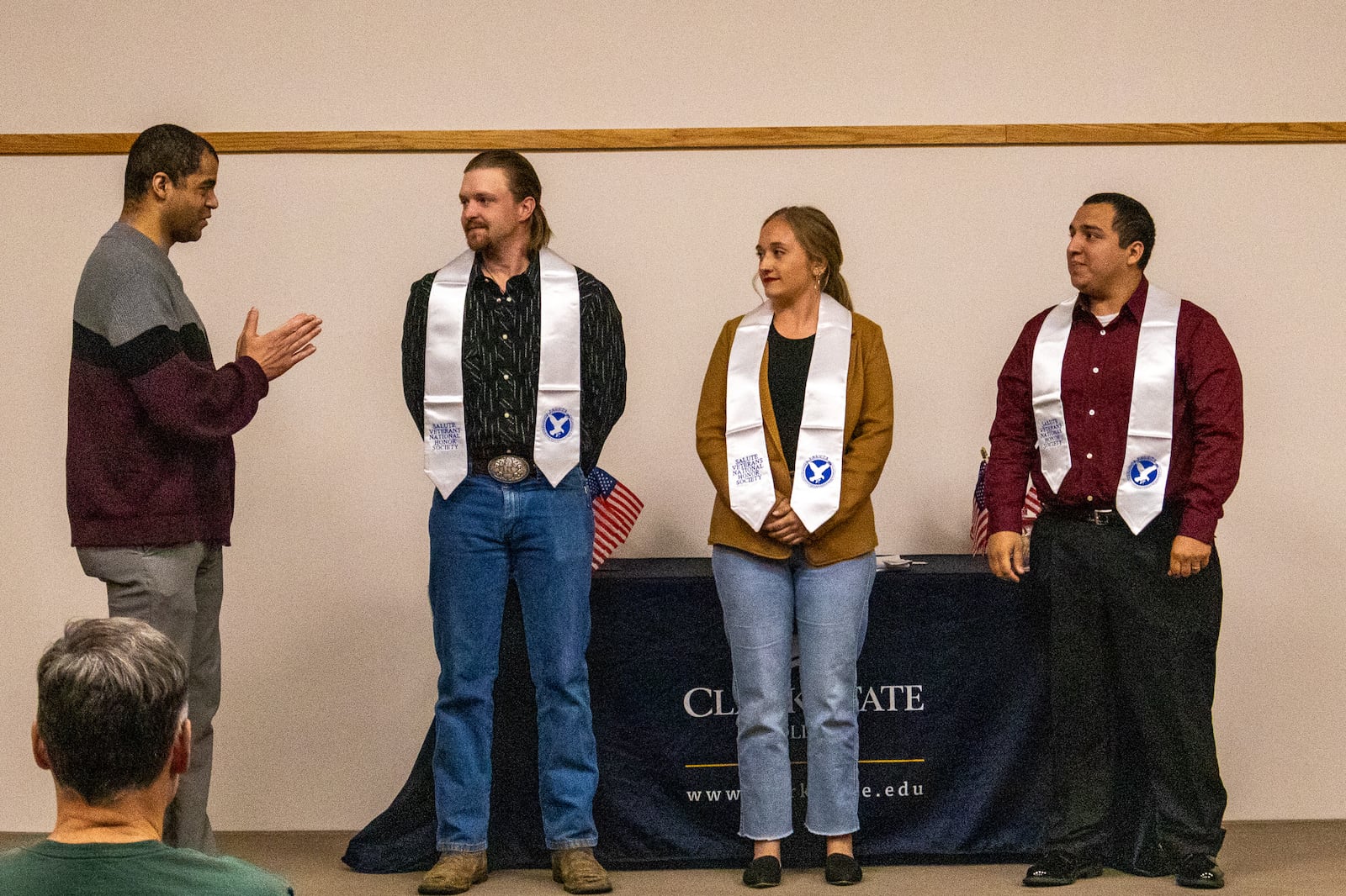 Alvin Tucker (left), veteran and Clark State College’s Veteran and Military Specialist,  inducted four new members into SALUTE, a national honor society that recognizes and honors the service and achievements of veteran and military students. Contributed