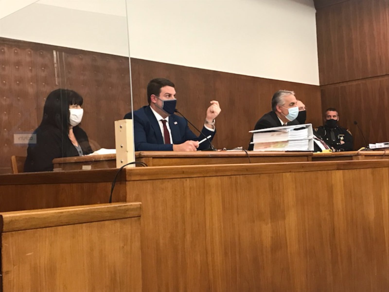 Valerie Rider (left) during the first day of her trial, along with Defense Attorney Gregory Harvey and Prosecuting Attorney Kevin Talebi.