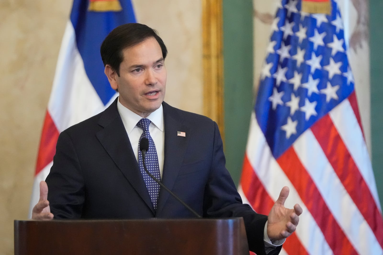 U.S. Secretary of State Marco Rubio gives a joint news conference with Dominican Republic President Luis Abinader at the National Palace in Santo Domingo, Dominican Republic, Thursday, Feb. 6, 2025. (AP Photo/Mark Schiefelbein, Pool)