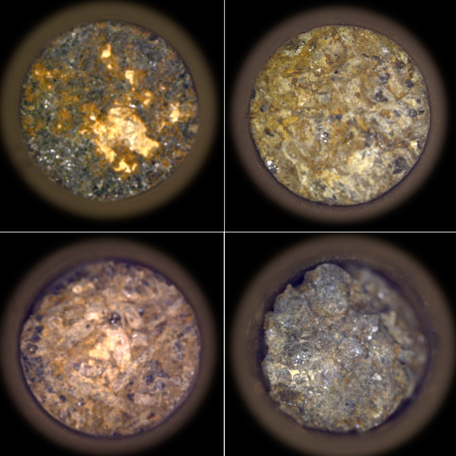 This photo combo from images provided by NASA shows Perseverance rover's Martian rock sample collection, top from left, acquired Sept. 8, 2021, acquired Dec. 22, 2021. Bottom from left: acquired Jan. 31, 2022, acquired Nov. 24, 2021. (NASA via AP)