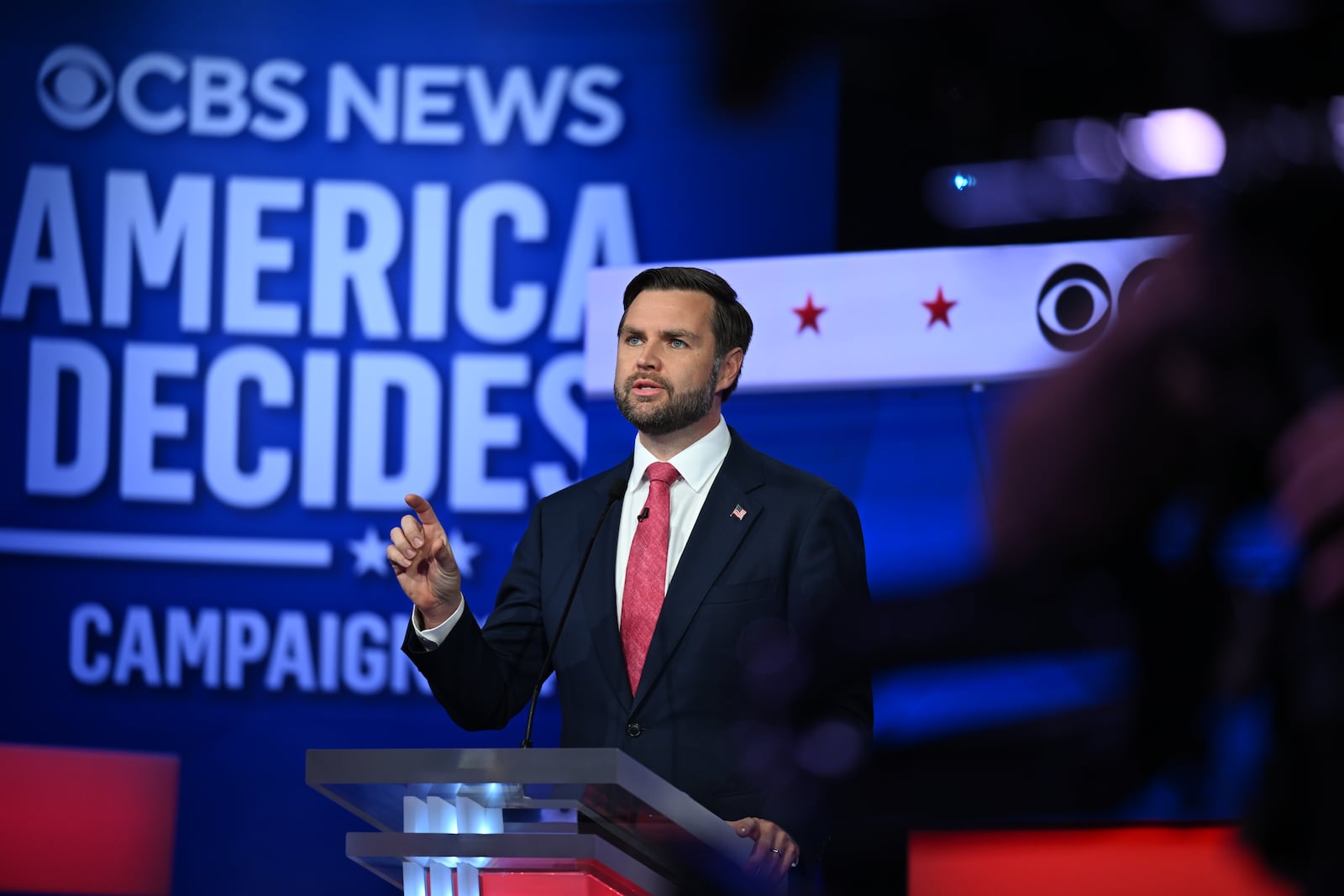 
                        Sen. JD Vance (R-Ohio) speaks during the vice-presidential debate at the CBS Broadcast Center in New York on Tuesday, Oct. 1, 2024. From the opening handshake, Vance sought to reinvent and repackage the record and views of the former president. (Kenny Holston/The New York Times)
                      