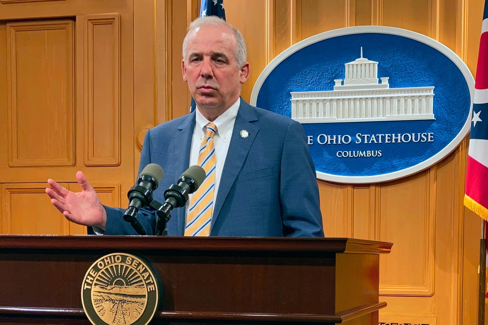 FILE - This Wednesday, June 9, 2021, file photo shows Ohio Senate President Matt Huffman discussing the Senate passage of Ohio's two-year, $75 billion state budget, in Columbus, Ohio. Fresh off sweeping electoral victories a decade ago, governors and lawmakers in several states used new census data to redraw voting districts for Congress and state legislatures that were intended to help their party remain in power for years to come. Those efforts largely paid off, particularly for Republicans. An Associated Press analysis designed to detect the effects of gerrymandering shows that Republicans enjoyed a greater political advantage in more states over the past decade than either party had over the past 50 years.  (AP Photo/Andrew Welsh-Huggins, File)