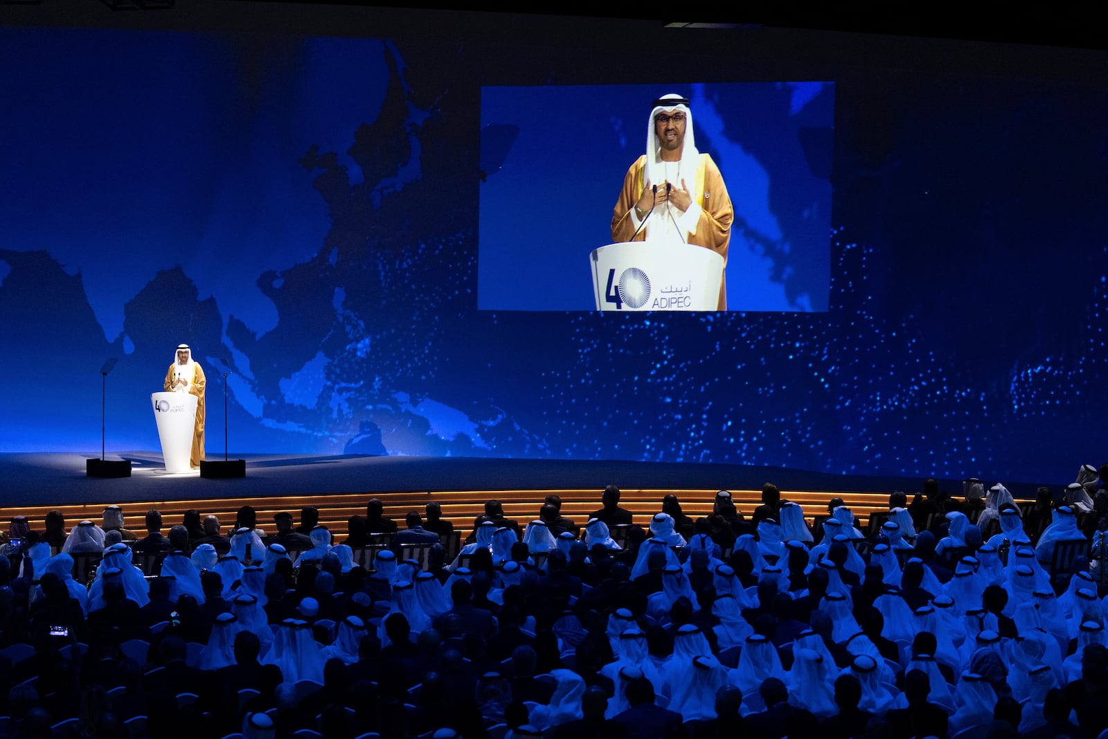 UAE Minister of Industry and Advanced Technology and Managing Director of state-run Abu Dhabi National Oil Co. (ADNOC) Sultan al-Jaber speaks during the inaugural session of annual Abu Dhabi International Petroleum Exhibition and Conference (ADIPEC), Oil and Energy exhibition and conference in Abu Dhabi, United Arab Emirates, Monday, Nov. 4, 2024. (AP Photo/Altaf Qadri)