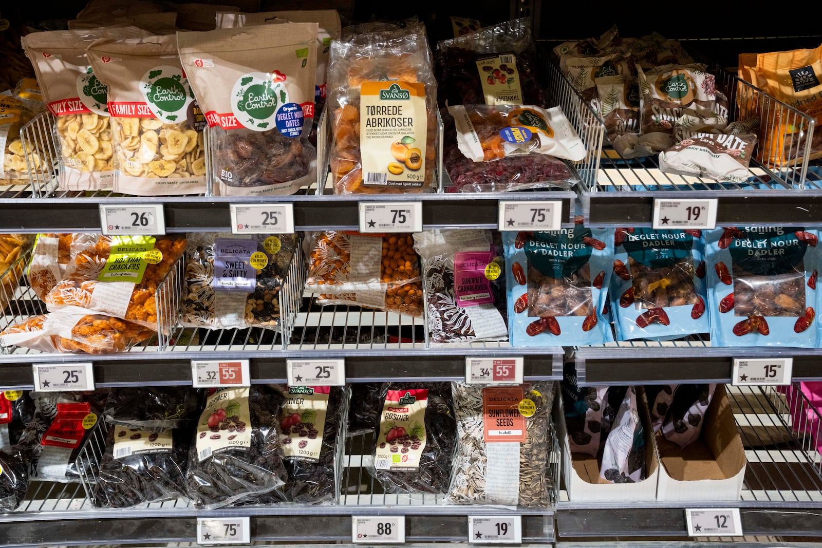 Dried fruit with the star labeling in Bilka in Randers, Denmark, making it easier for customers to buy European goods, Monday, March 17, 2025. (Bo Amstrup/Ritzau Scanpix via AP)