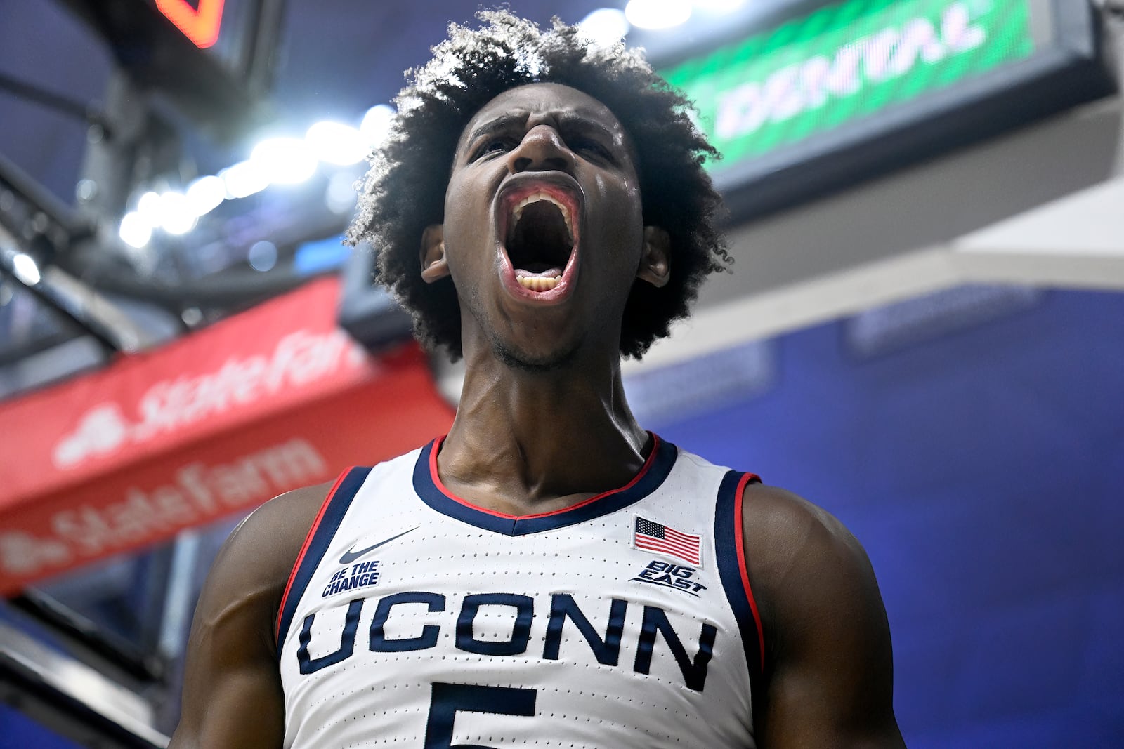 UConn center Tarris Reed Jr. (5) reacts after making a basket and being fouled in the first half of an NCAA college basketball game against East Texas A&M, Tuesday, Nov. 19, 2024, in Storrs, Conn. (AP Photo/Jessica Hill)