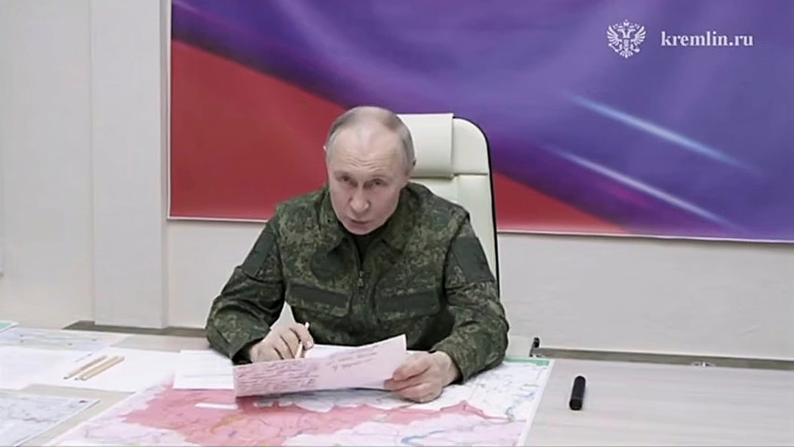 In this image made from video released by the Russian Presidential Press Service, on Wednesday, March 12, 2025, Russian President Vladimir Putin speaks during a visit to military headquarters in the Kursk region of Russia. (Russian Presidential Press Service via AP)