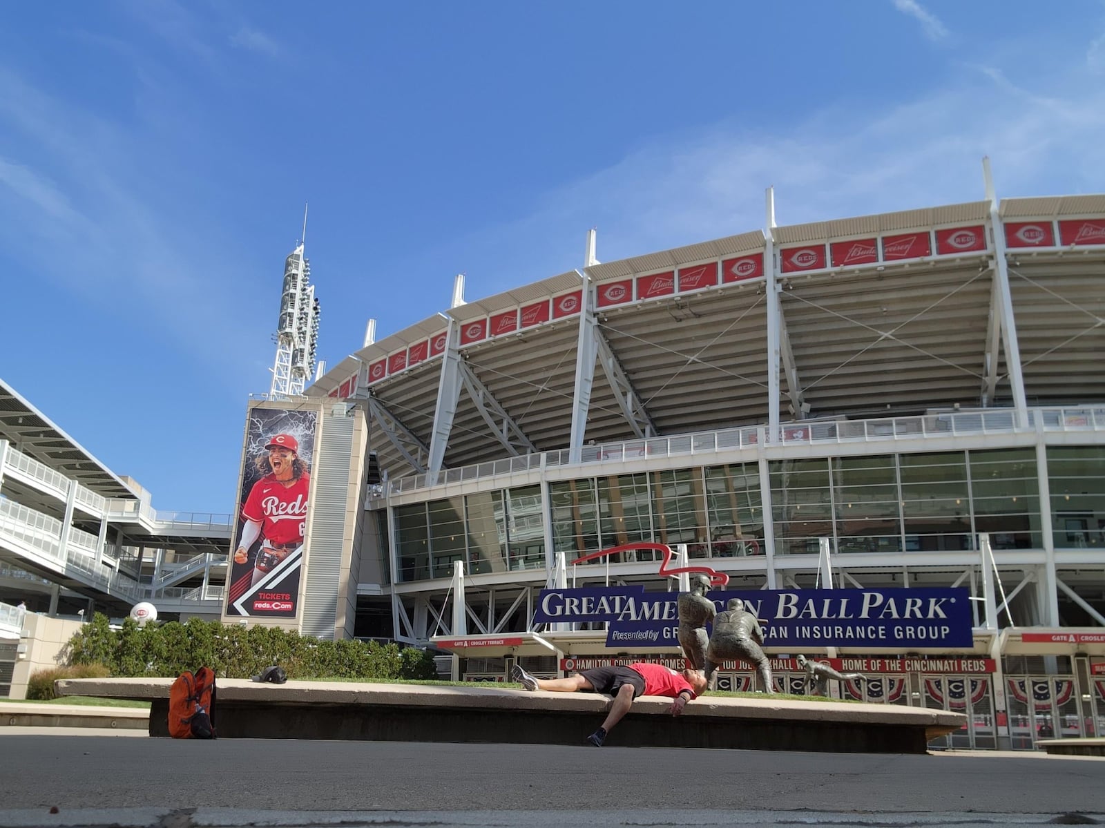 Eric Judd, of Fairfield, is pictured on Tuesday, Oct. 11, 2022, at Great American Ball Park in Cincinnati after walking more than 20 miles from his home in Fairfield to downtown Cincinnati in order to raise money for the Joe Nuxhall Miracle League Fields. It took Judd around 7 hours to make the journey. PROVIDED