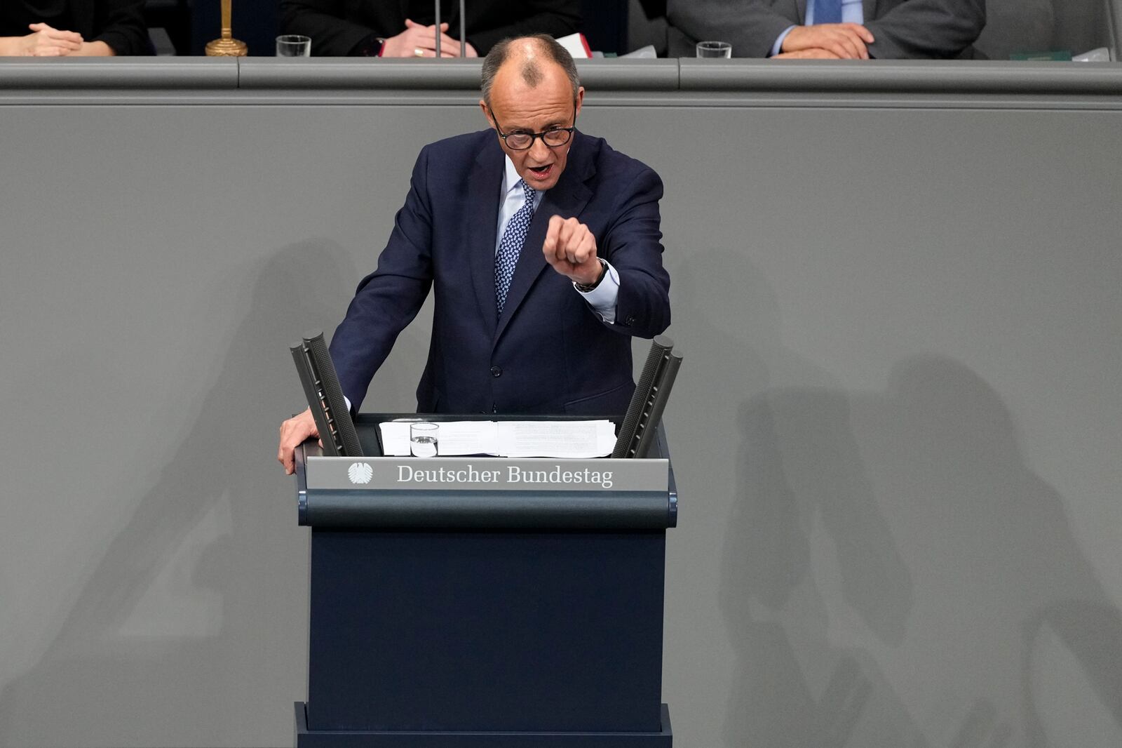 German opposition leader and Christian Union parties floor leader Friedrich Merz speaks at a debate about migration at the German parliament Bundestag in Berlin, Germany, Wednesday, Jan. 29, 2025. (AP Photo/Markus Schreiber)