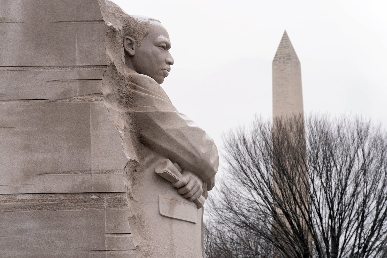 FILE - A view of the Martin Luther King Jr. Memorial, backdropped by the Washington Monument during the annual MLK wreath-laying ceremony in Washington, Jan. 15, 2024. ( AP Photo/Jose Luis Magana, File)