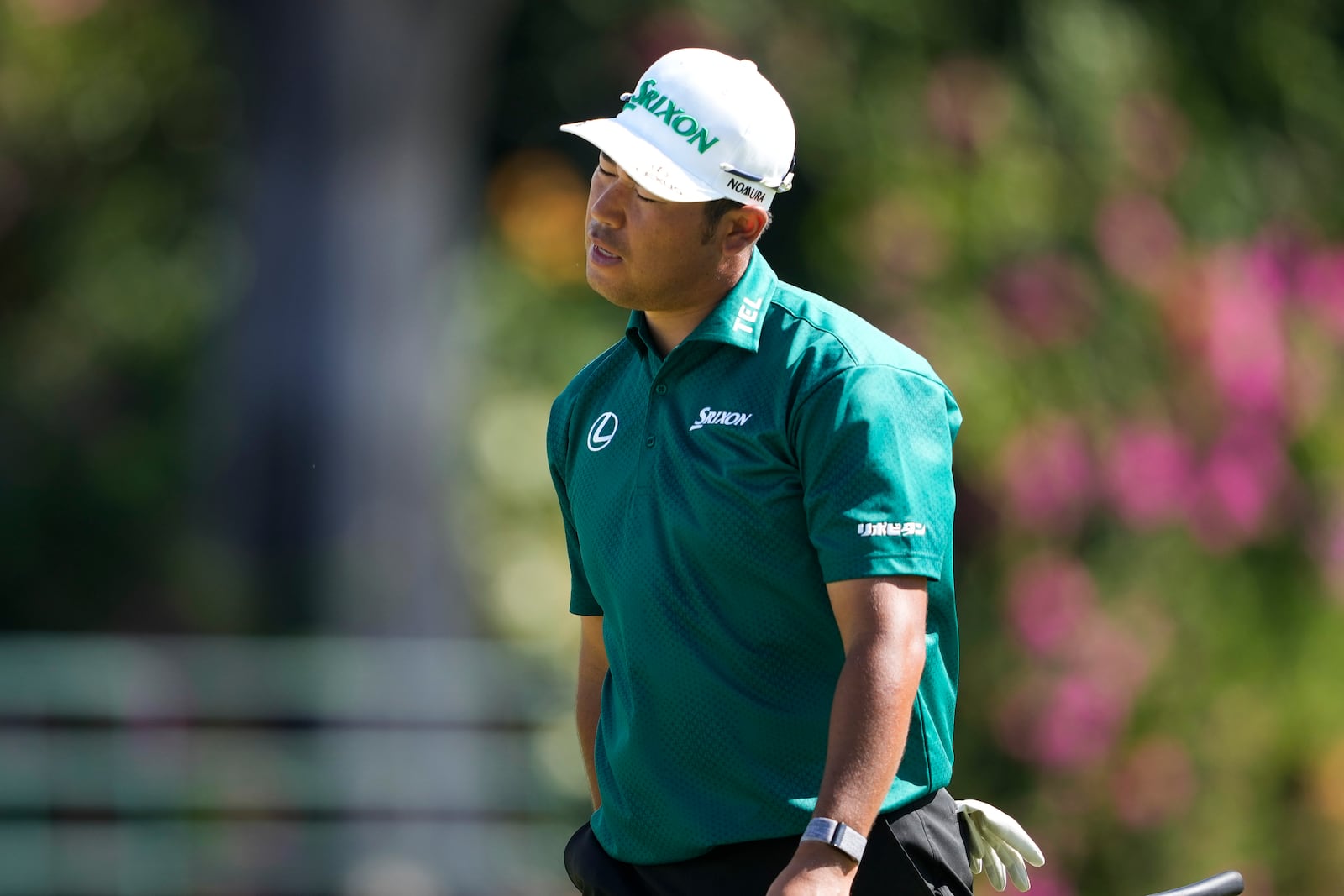 Hideki Matsuyama, of Japan, reacts after missing a shot on the fifth hole during the second round of the Sony Open golf event, Friday, Jan. 10, 2025, at Waialae Country Club in Honolulu. (AP Photo/Matt York)