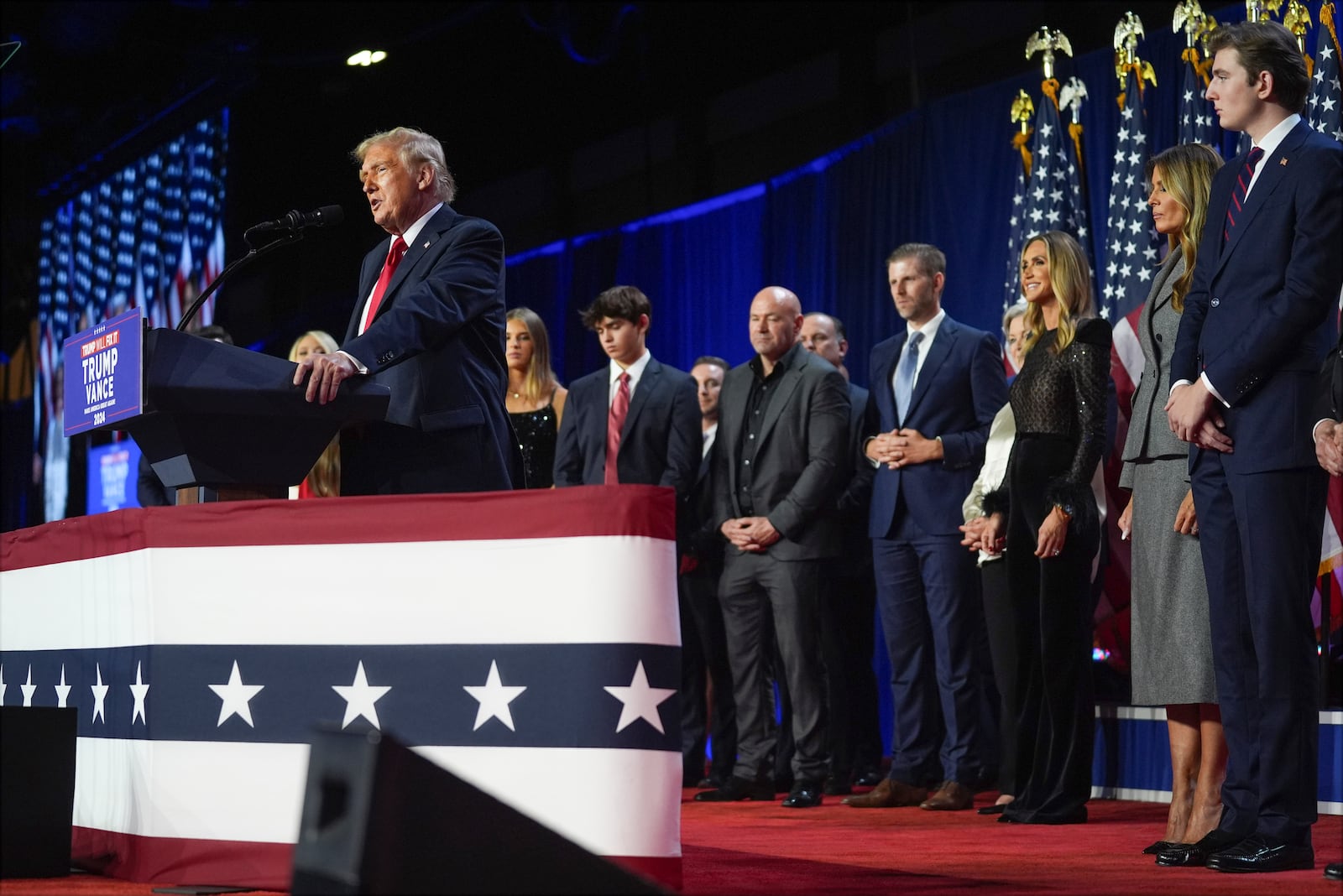 Republican presidential nominee former President Donald Trump speaks at an election night watch party at the Palm Beach Convention Center, Wednesday, Nov. 6, 2024, in West Palm Beach, Fla. (AP Photo/Evan Vucci)