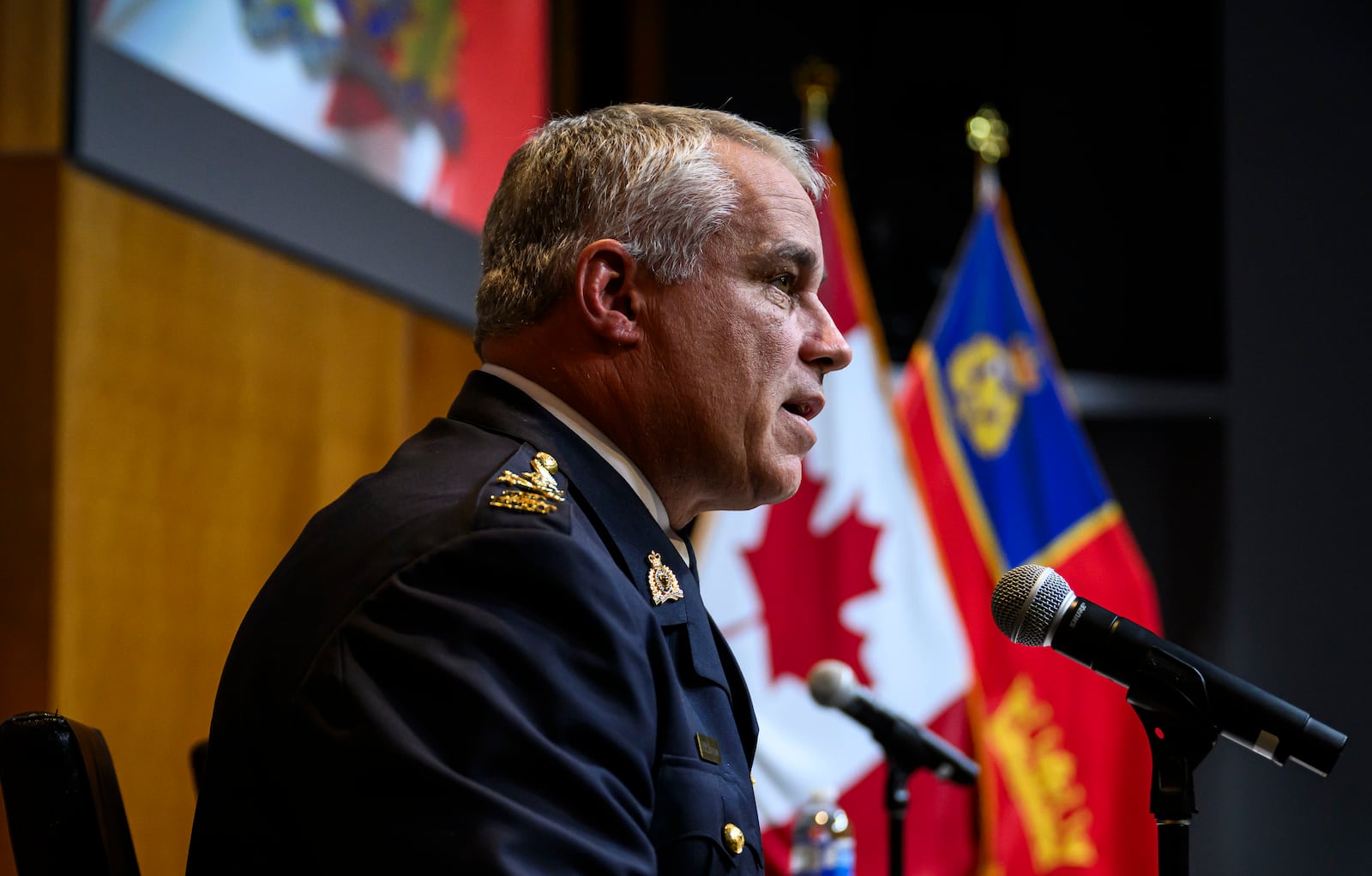 RCMP Commissioner Mike Duheme participates in a news conference at RCMP National Headquarters in Ottawa, Ontaio, Monday, Oct. 14, 2024. (Justin Tang/The Canadian Press via AP)