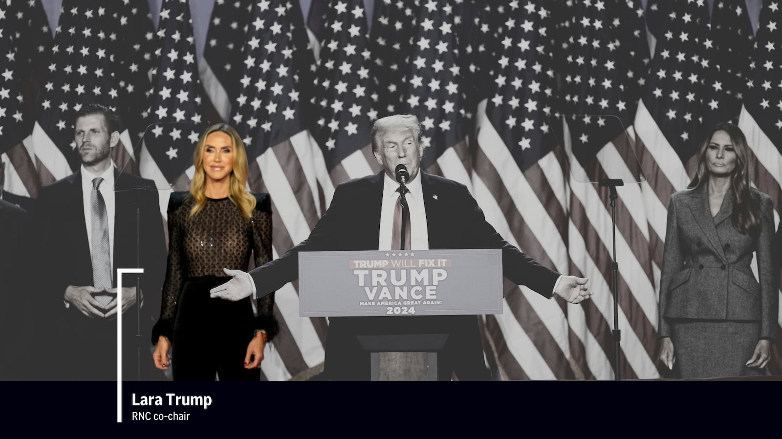 Donald Trump speaks at an election night watch party flanked by family members including daughter-in-law Lara Trump, co-chair of the Republican National Committee. (AP Photo/Alex Brandon; AP Illustration by Alex Connor)