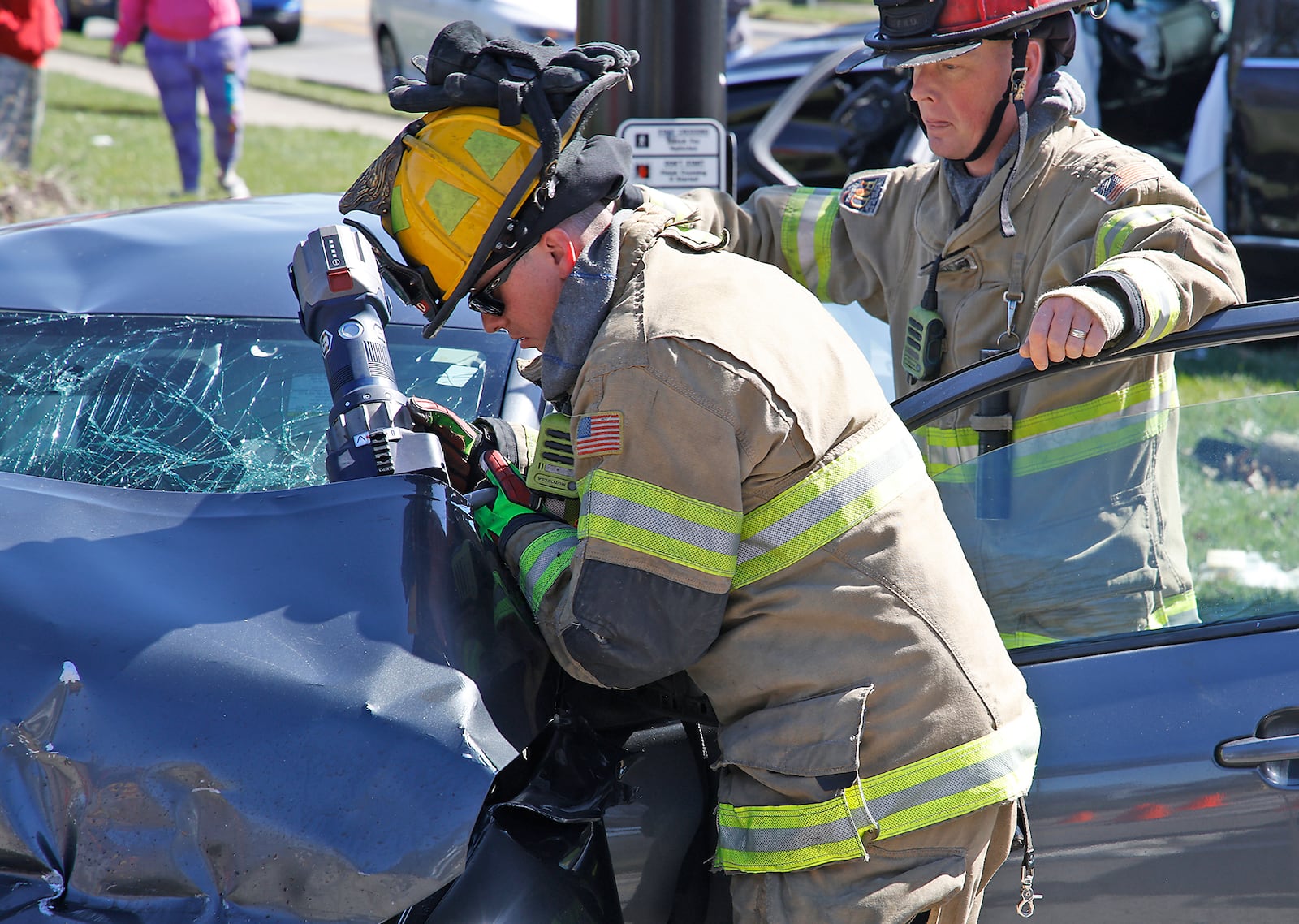 Three people were transported to the hospital following a three vehicle accident at the intersection of East High Street and South Belmont Avenue Monday, March 11, 2024. Police and fire expenses make up a significant chunk of Springfield's city budget, similar to other cities. BILL LACKEY/STAFF