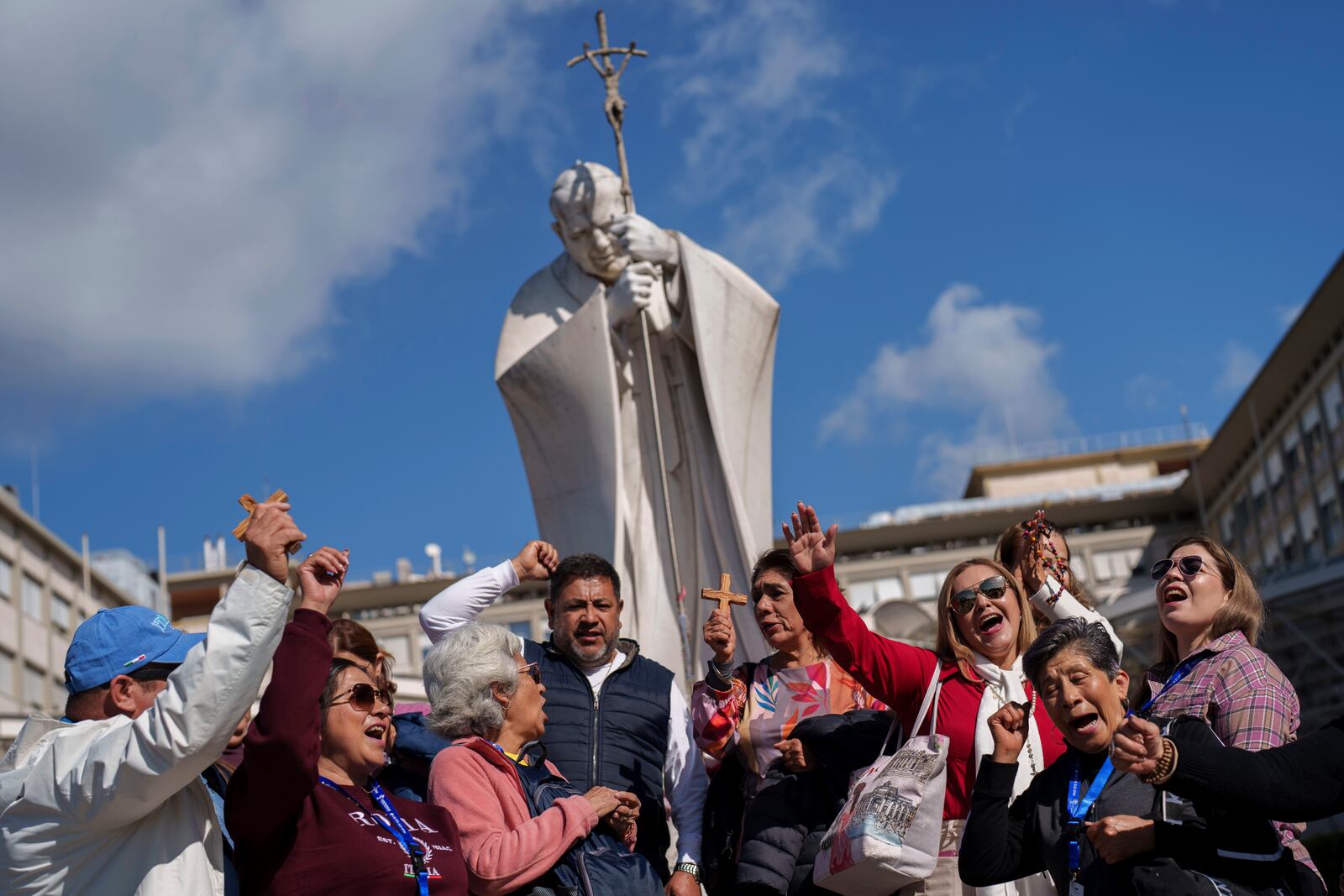 Catholic pilgrims from Mexico gather outside the Agostino Gemelli Polyclinic where Pope Francis continues to be hospitalized in Rome, Thursday, Feb. 27, 2025. (AP Photo/Bernat Armangue)