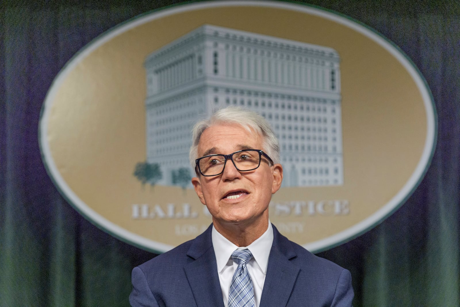 FILE - Los Angeles County District Attorney George Gascon addresses the media at a news conference at the Hall of Justice in Los Angeles on Tuesday, Oct. 22, 2024. (AP Photo/Damian Dovarganes, File)