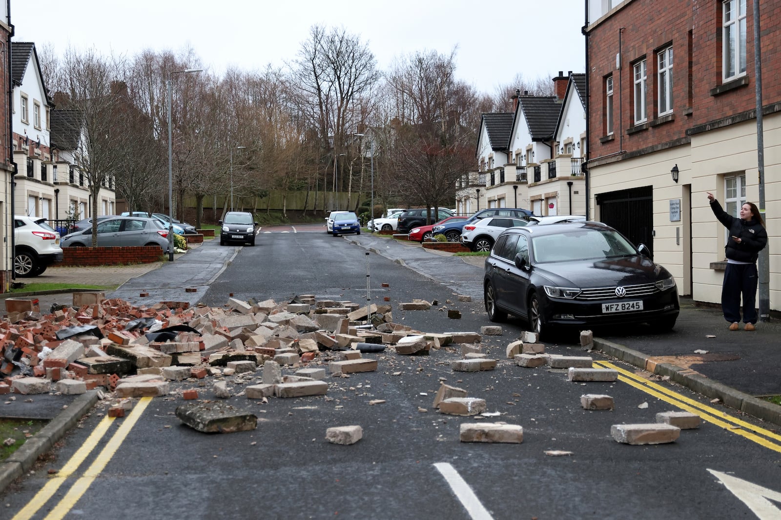 Parts of a wall of a house have fallen down caused by the winds of storm Eowyn that hit the country in Belfast, Northern Ireland, Friday, Jan. 24, 2025.(AP Photo)