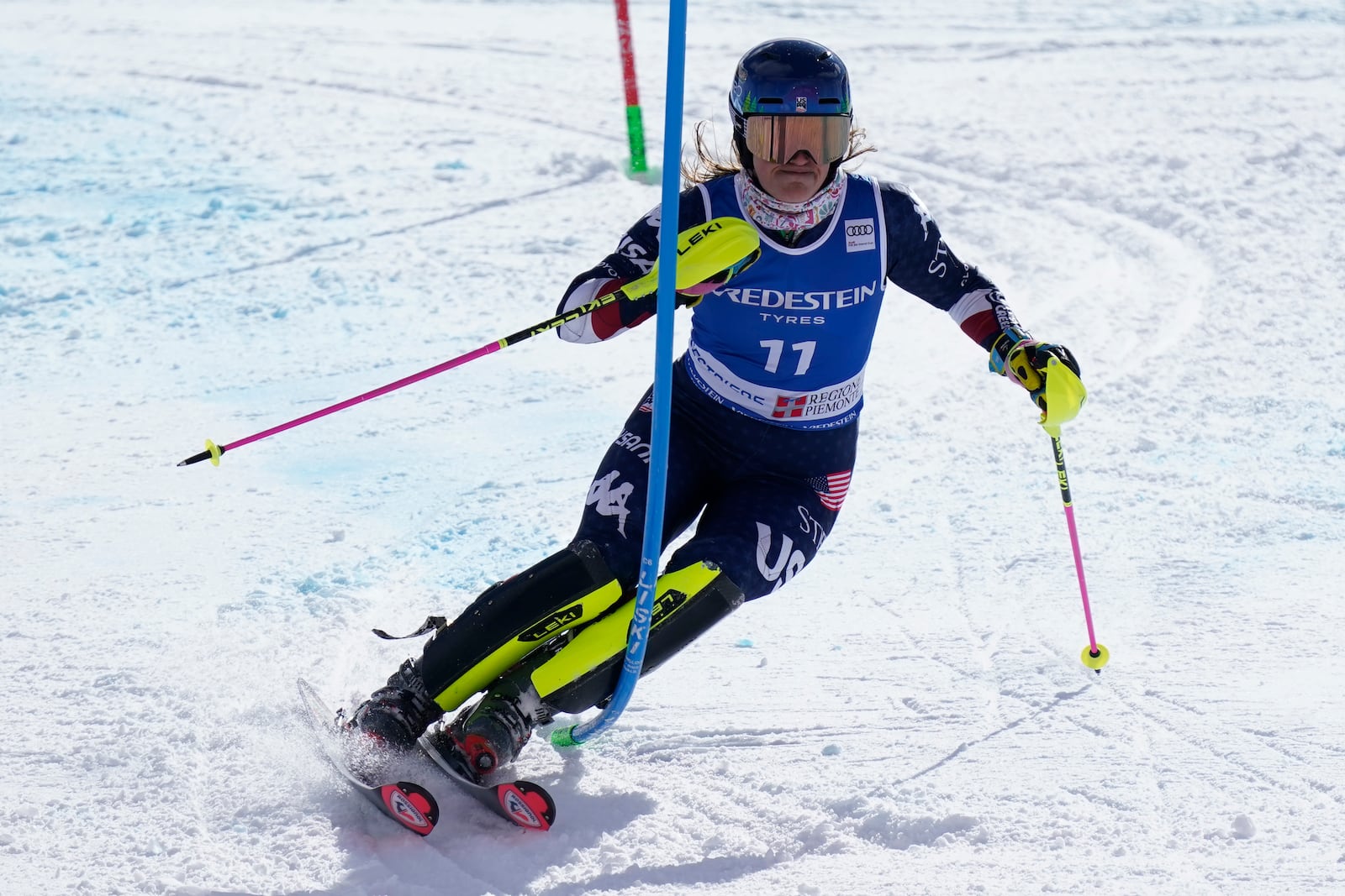 United States' Paula Moltzan on her way to take third place in an alpine ski, women's World Cup slalom, in Sestriere, Italy, Sunday, Feb. 23, 2025. (AP Photo/Piermarco Tacca)