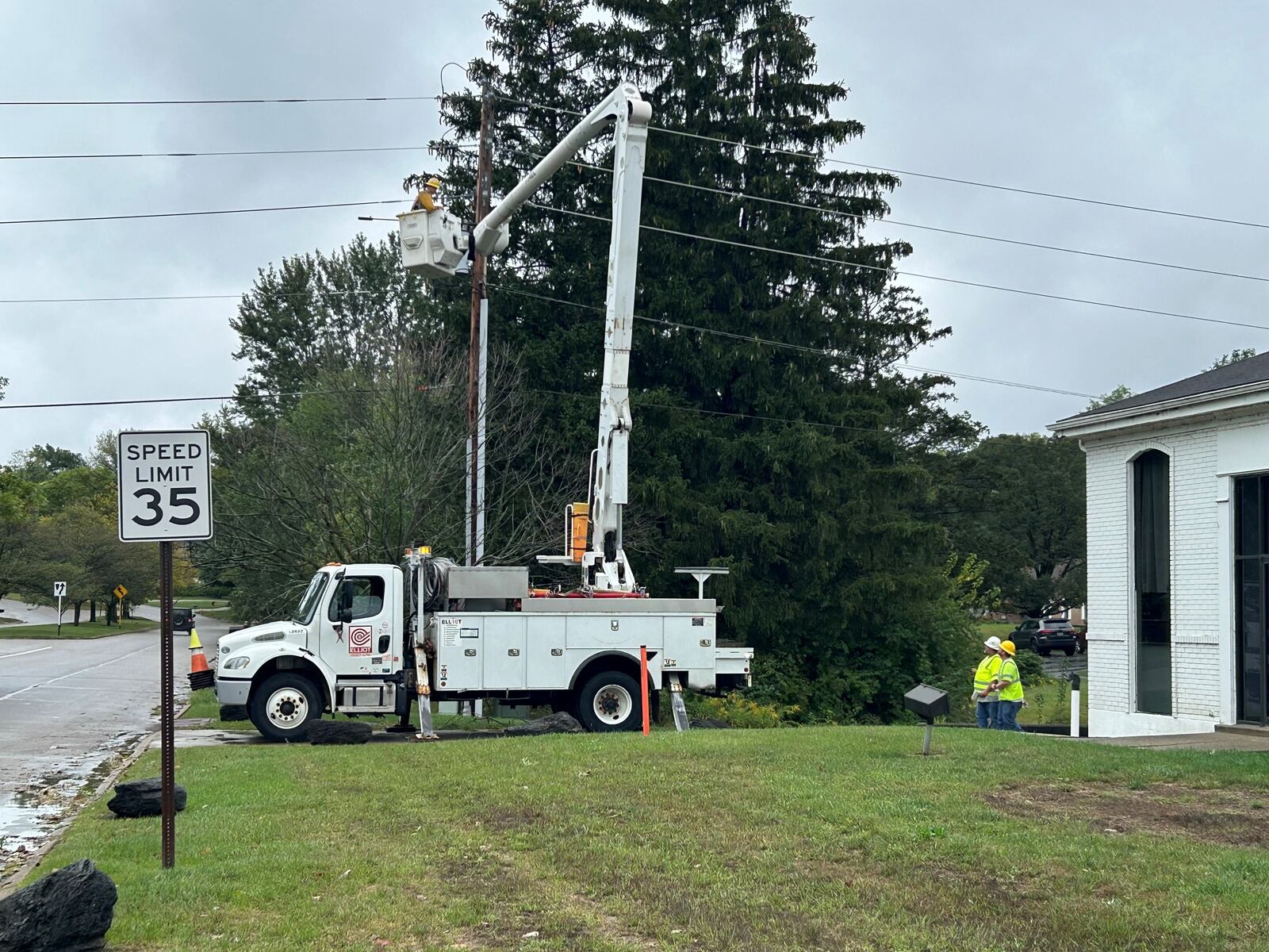 Linemen work on Rahn Road along the Kettering/Washington Twp. border to restore power to customers on Sunday, Sept. 29, 2024. Jeremy Kelley/Staff Photo