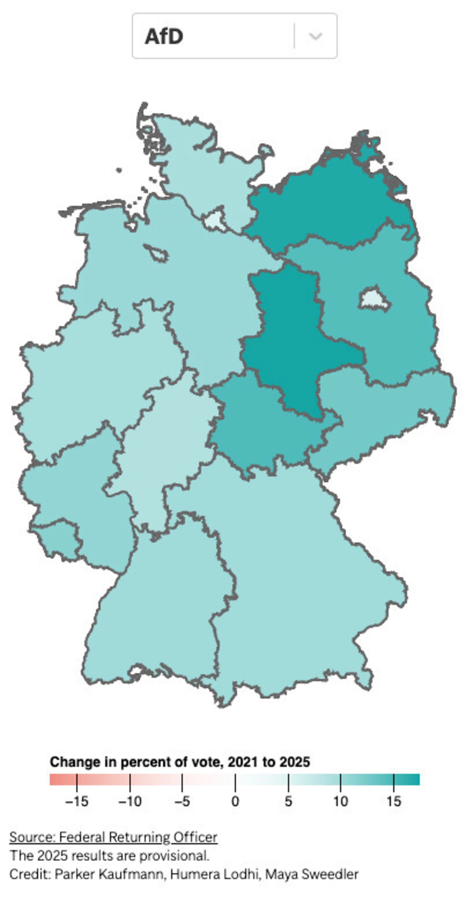 The far-right, anti-immigration Alternative for Germany, or AfD, emerged as the strongest party across the country’s formerly communist and less prosperous east. That cemented its primacy in a region that has long been its stronghold, and where it won its first state election last year. Other parties were stronger in only a few eastern constituencies outside Berlin. In western Germany, which accounts for most of the country’s population, AfD trailed Merz’s Union and sometimes other parties too but still polled strongly on its way to 20.8% of the nationwide vote, the highest postwar score for a far-right party. (AP Digital Embed)