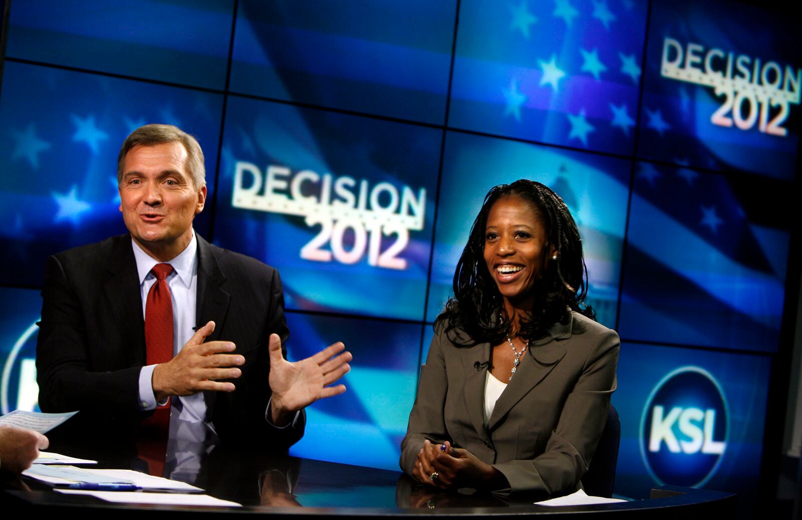 FILE - Congressional District candidates Rep. Jim Matheson and Saratoga Springs Mayor Mia Love participate in a debate, Sept. 27, 2012, in Salt Lake City. (Laura Seitz/The Deseret News via AP, File)