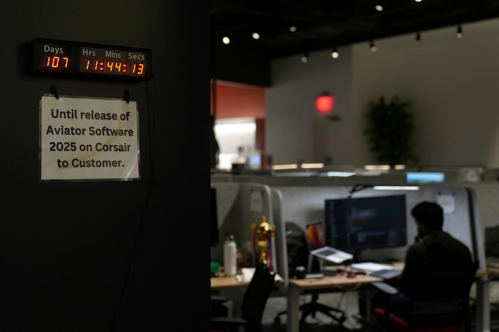 A countdown clock for the release of Aviator software 2025 on Corsair to customers is displayed at the d-Matrix office in Santa Clara, Calif., Wednesday, Oct. 16, 2024. (AP Photo/Jeff Chiu)