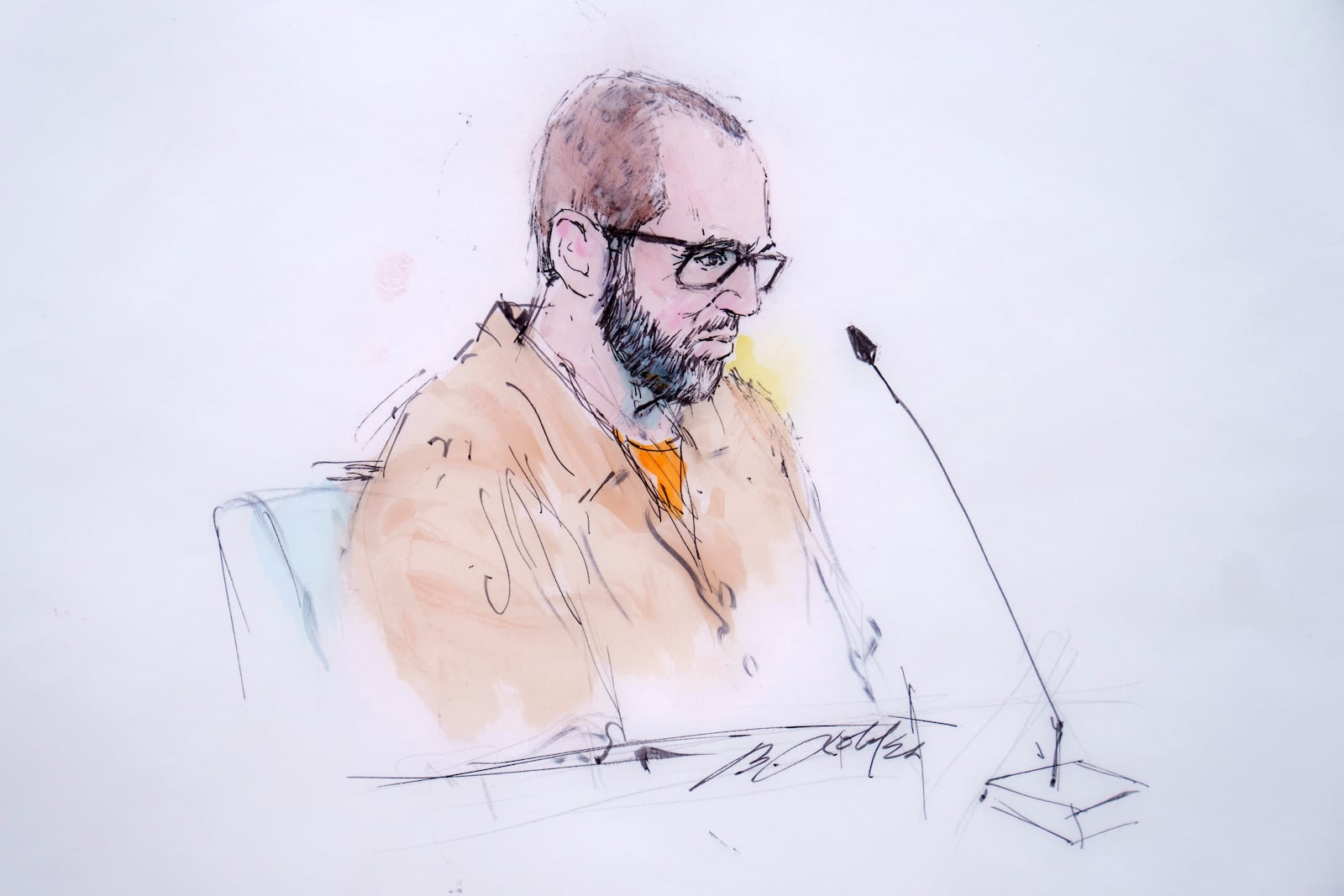 In this courtroom sketch, defendant Alexander Smirnov speaks in Federal court in Los Angeles, Feb. 26, 2024. (William T. Robles via AP)