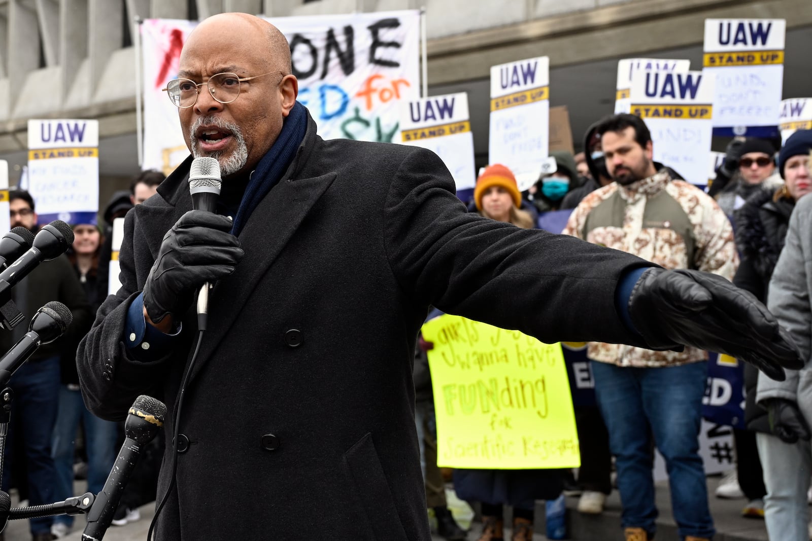 Rep. Glenn Ivey, D-Md., speaks at a rally at Health and Human Services headquarters to protest the polices of President Donald Trump and Elon Musk Wednesday, Feb. 19, 2025, in Washington. (AP Photo/John McDonnell)