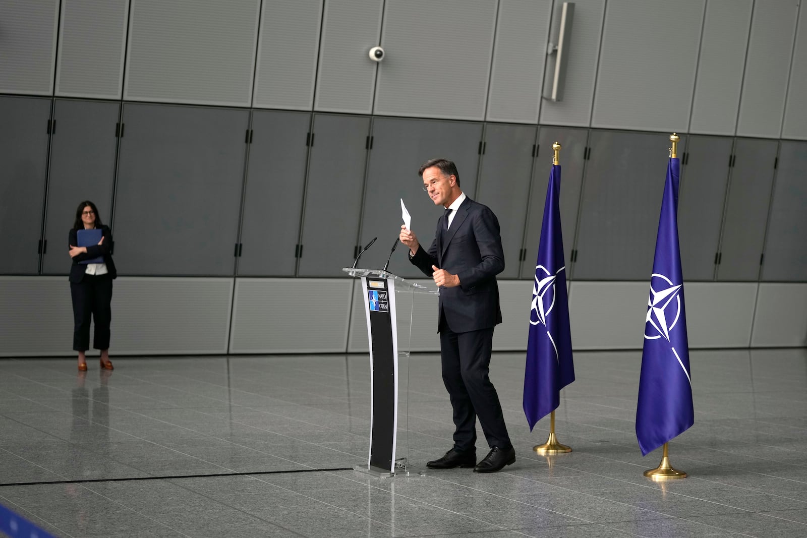 NATO Secretary General Mark Rutte delivers a statement, after a meeting with a high level South Korean delegation including top intelligence and military officials as well as senior diplomats briefed NATO diplomats, at NATO headquarters in Brussels on Monday, Oct. 28, 2024. (AP Photo/Virginia Mayo)