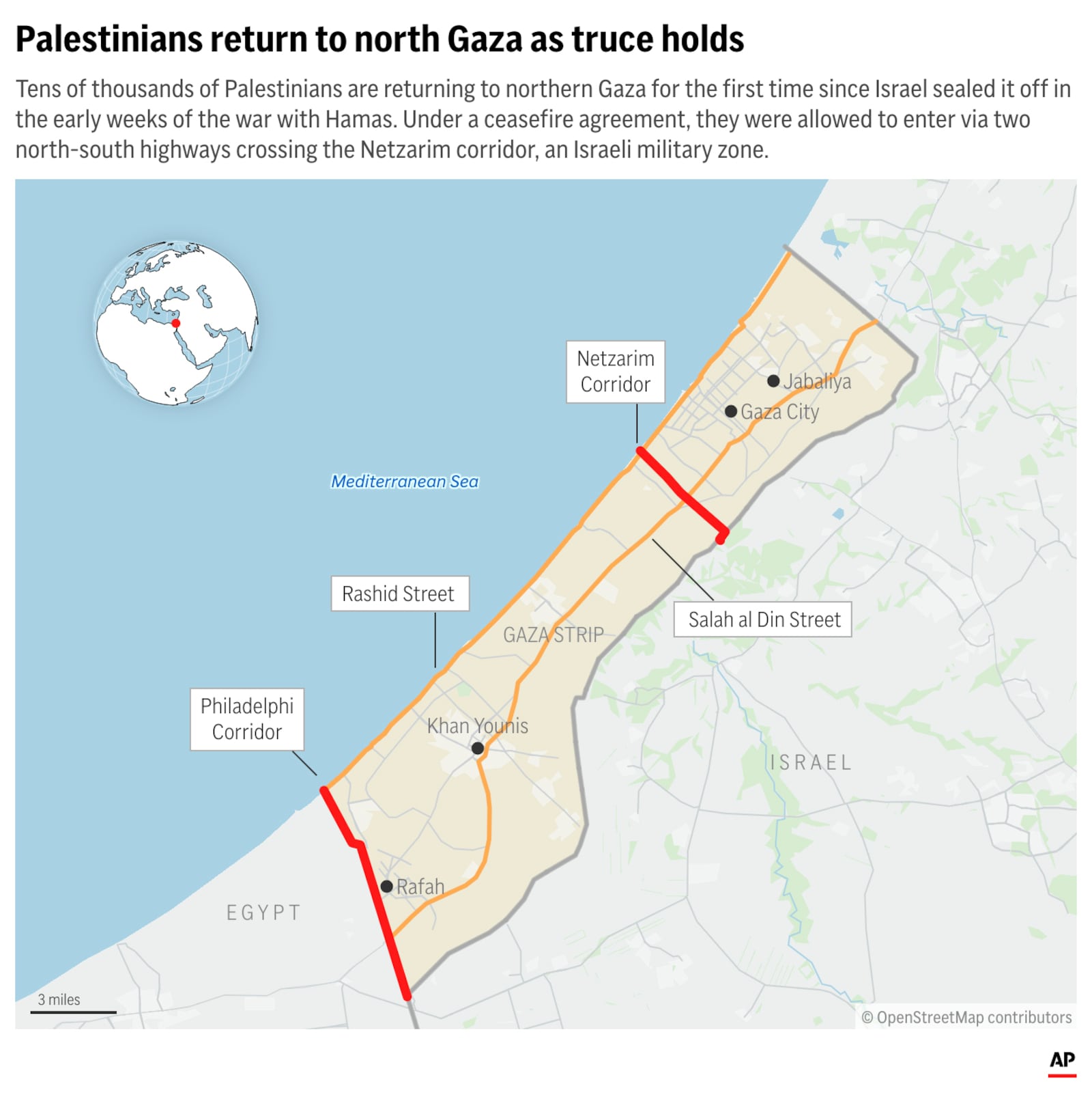 Tens of thousands of Palestinians are returning to northern Gaza for the first time since Israel sealed it off in the early weeks of the war with Hamas. Under a ceasefire agreement, they were allowed to enter via two north-south highways crossing the Netzarim corridor, an Israeli military zone. (AP Digital Embed)