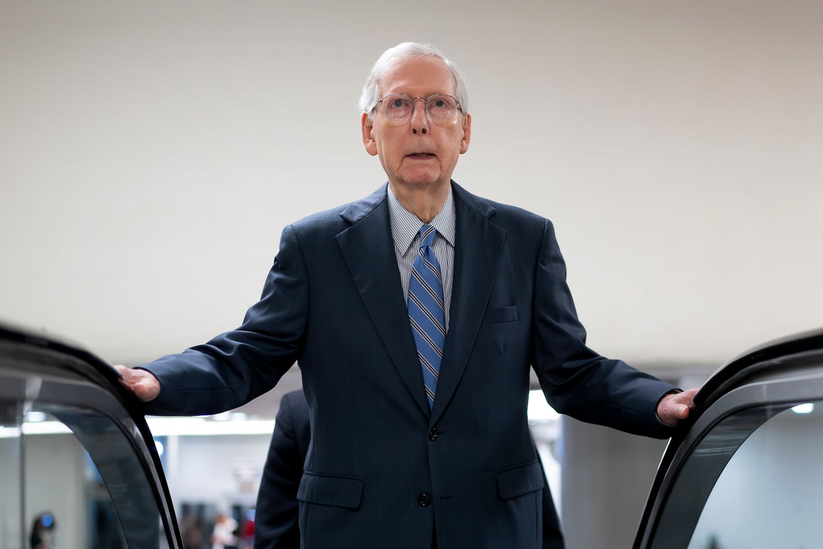 FILE - Senate Minority Leader Mitch McConnell, R-Ky., leaves a closed-door intelligence briefing on the war in Ukraine, at the Capitol in Washington, Sept. 7, 2023. (AP Photo/J. Scott Applewhite, File)