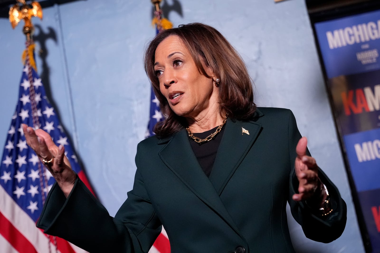 Democratic presidential nominee Vice President Kamala Harris speaks with reporters before a town hall at the Royal Oak Theatre in Royal Oak, Mich., Monday, Oct. 21, 2024. (AP Photo/Jacquelyn Martin)