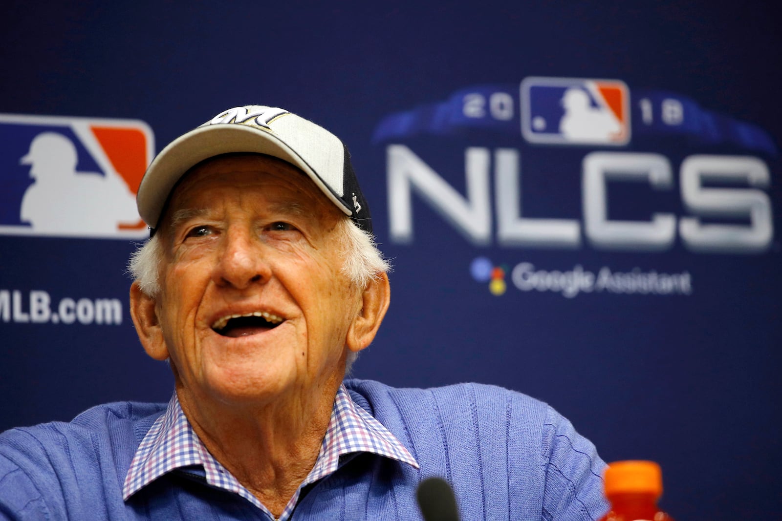 FILE- Milwaukee Brewers sportscaster Bob Uecker speaks at a baseball news conference Friday, Oct. 12, 2018, in Milwaukee. (AP Photo/Charlie Riedel, File)