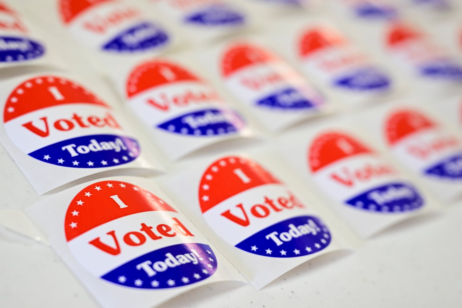 "I Voted" stickers are seen at Drummond Community Hall in Drummond, Mont., on Election Day, Tuesday, Nov. 5, 2024. (AP Photo/Tommy Martino)