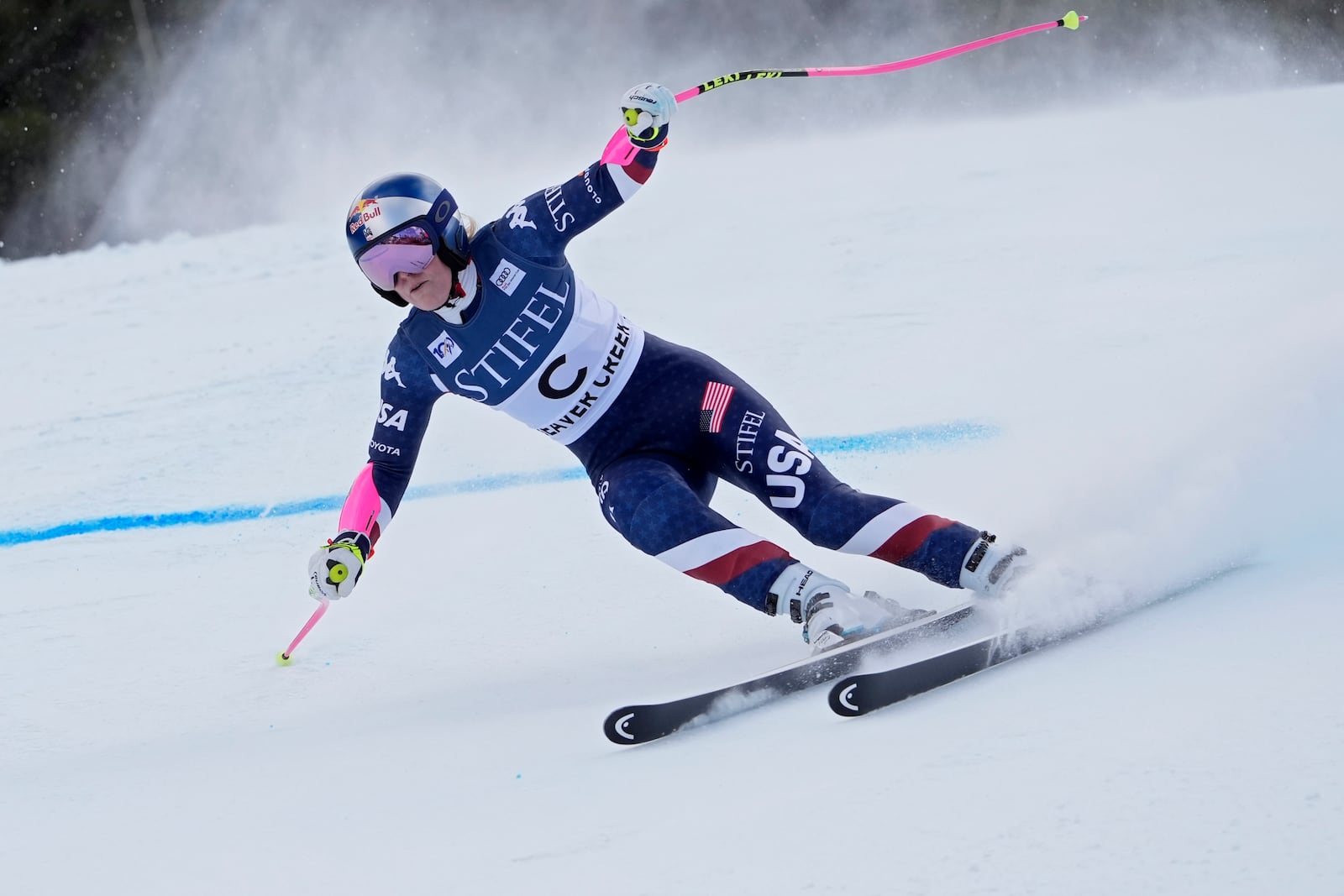 Forerunner Lindsey Vonn skis before a women's World Cup super-G ski race, Sunday, Dec. 15, 2024, in Beaver Creek, Colo. (AP Photo/Robert F. Bukaty)