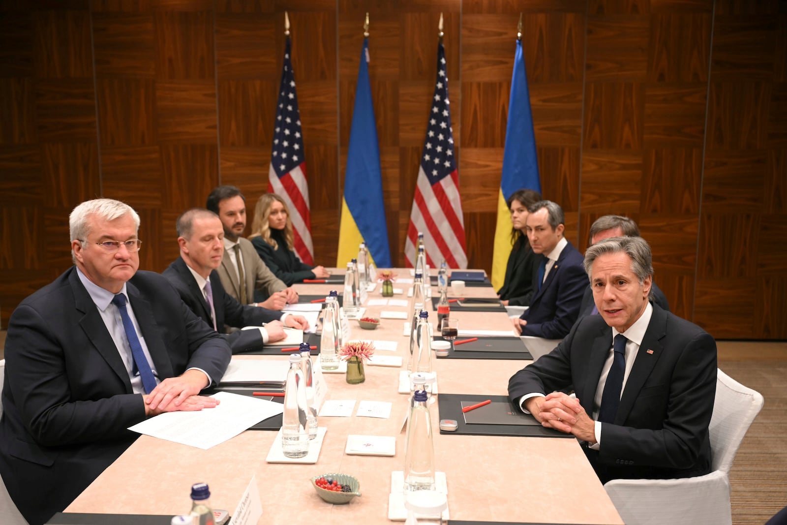 United States Secretary of State Antony Blinken, right, meets with Ukraine's Foreign Minister Andrii Sybiha, left, in Brussels, Wednesday, Nov. 13, 2024. (Nicolas Tucat, Pool Photo via AP)