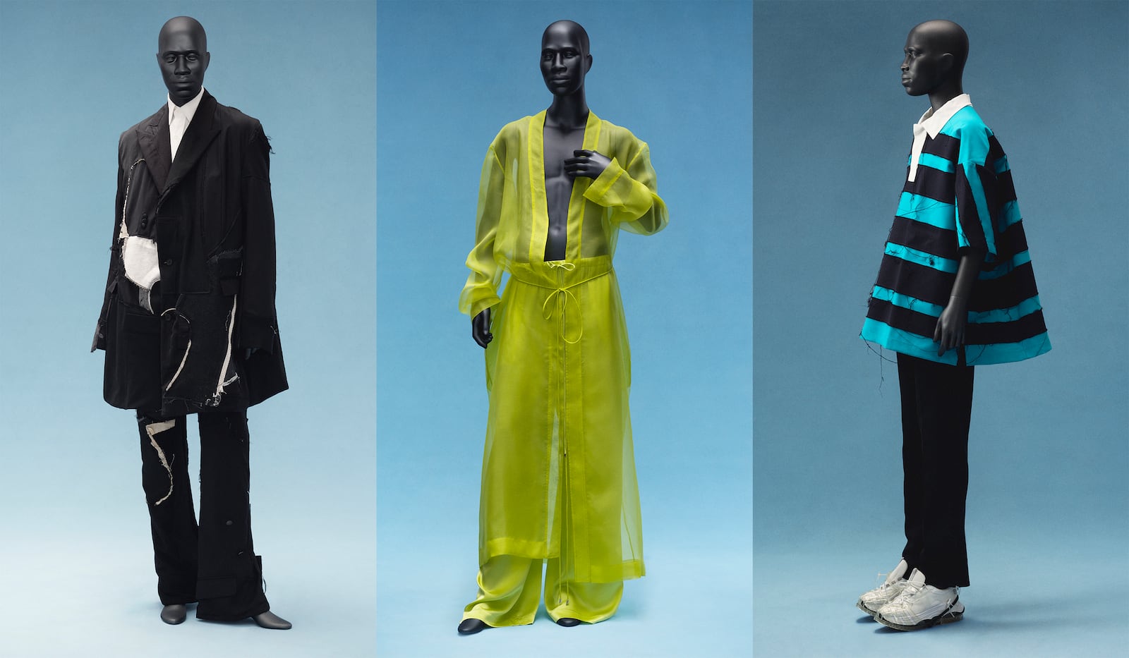 This combination of images shows fashion, from left, an ensemble by Ev Bravado and Téla D’Amore from the Who Decides War fall/winter 2024-25 collection, an ensemble from the LaQuan Smith spring/summer 2005 collection, and an ensemble by Dutch designers Ruchemy Botter and Lisi Herrebrugh for Botter. (Tyler Mitchell/Metropolitan Museum of Art via AP)