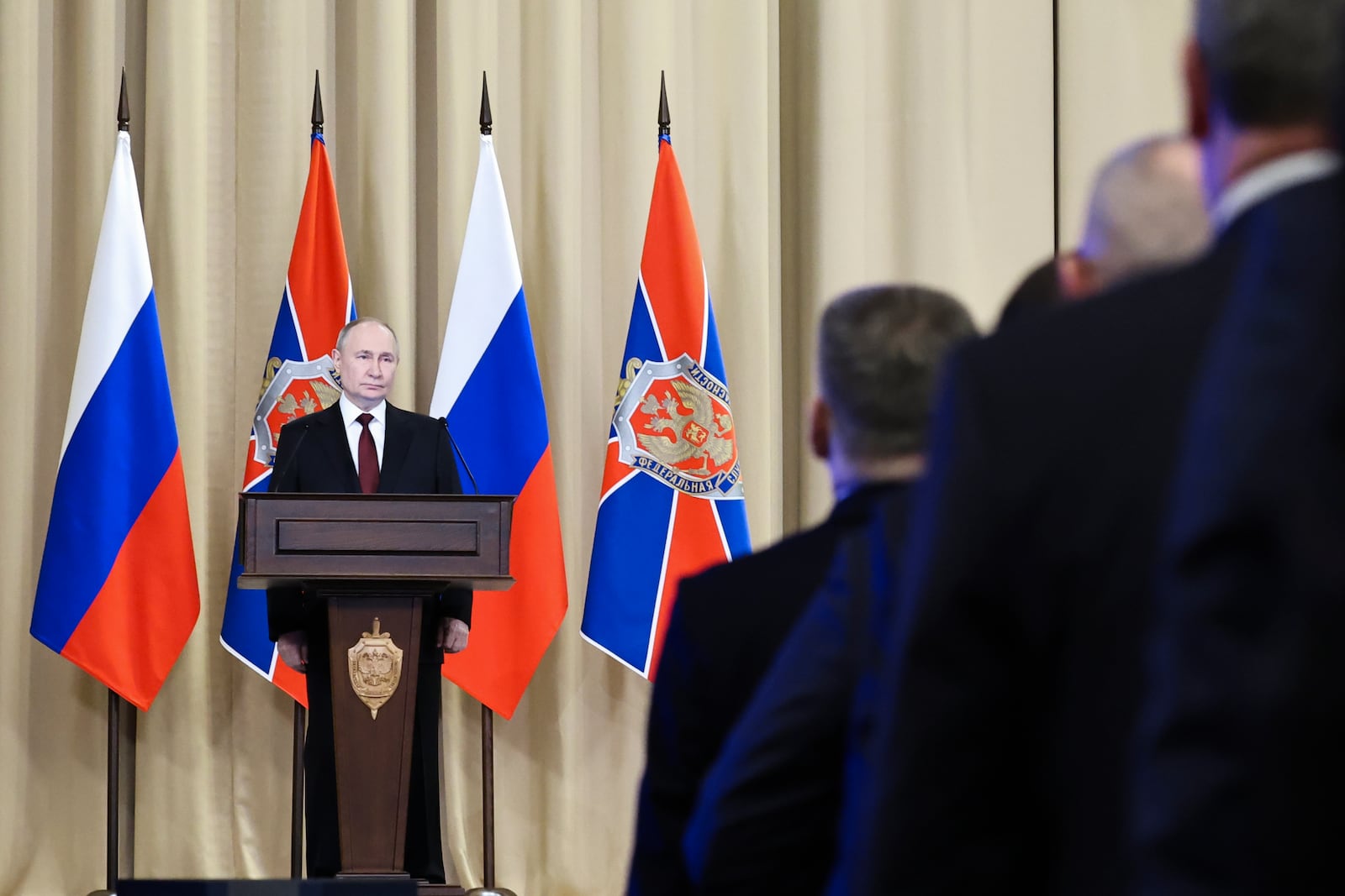 Russian President Vladimir Putin delivers his speech during a meeting of the Federal Security Service (FSB) board, in Moscow, Russia, on Thursday, Feb. 27, 2025. (Alexander Kazakov, Sputnik, Kremlin Pool Photo via AP)