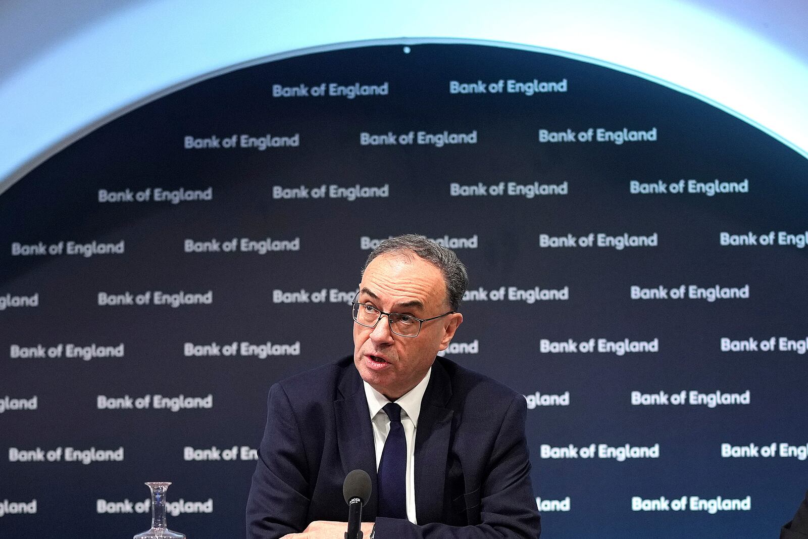 Andrew Bailey, Governor of the Bank of England, speaks during the Monetary Policy Report press conference in London, Thursday, Feb. 6, 2025.(AP Photo/Kin Cheung, Pool)