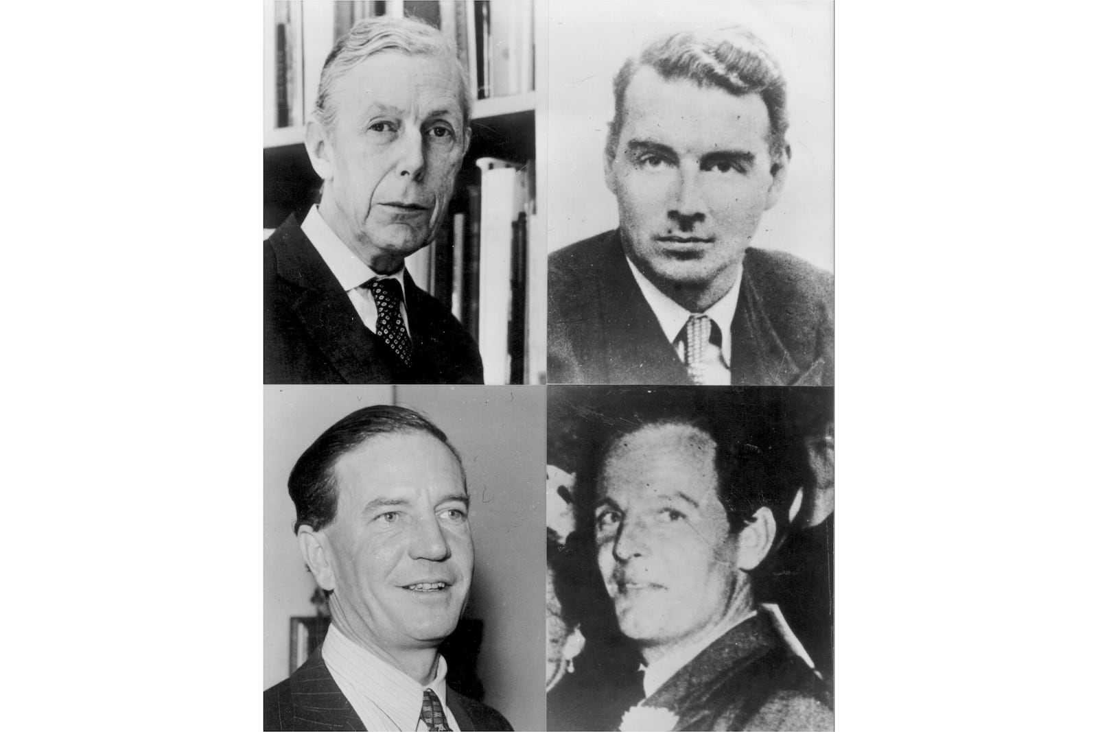 FILE - clockwise from top left, Anthony Blunt, Guy Burgess (who died in Moscow in 1963), Donald MacLean and Kim Philby, who tipped off Burgess and MacLean in 1951 forcing them to defect and then defecting himself in 1963. (PA via AP, File)