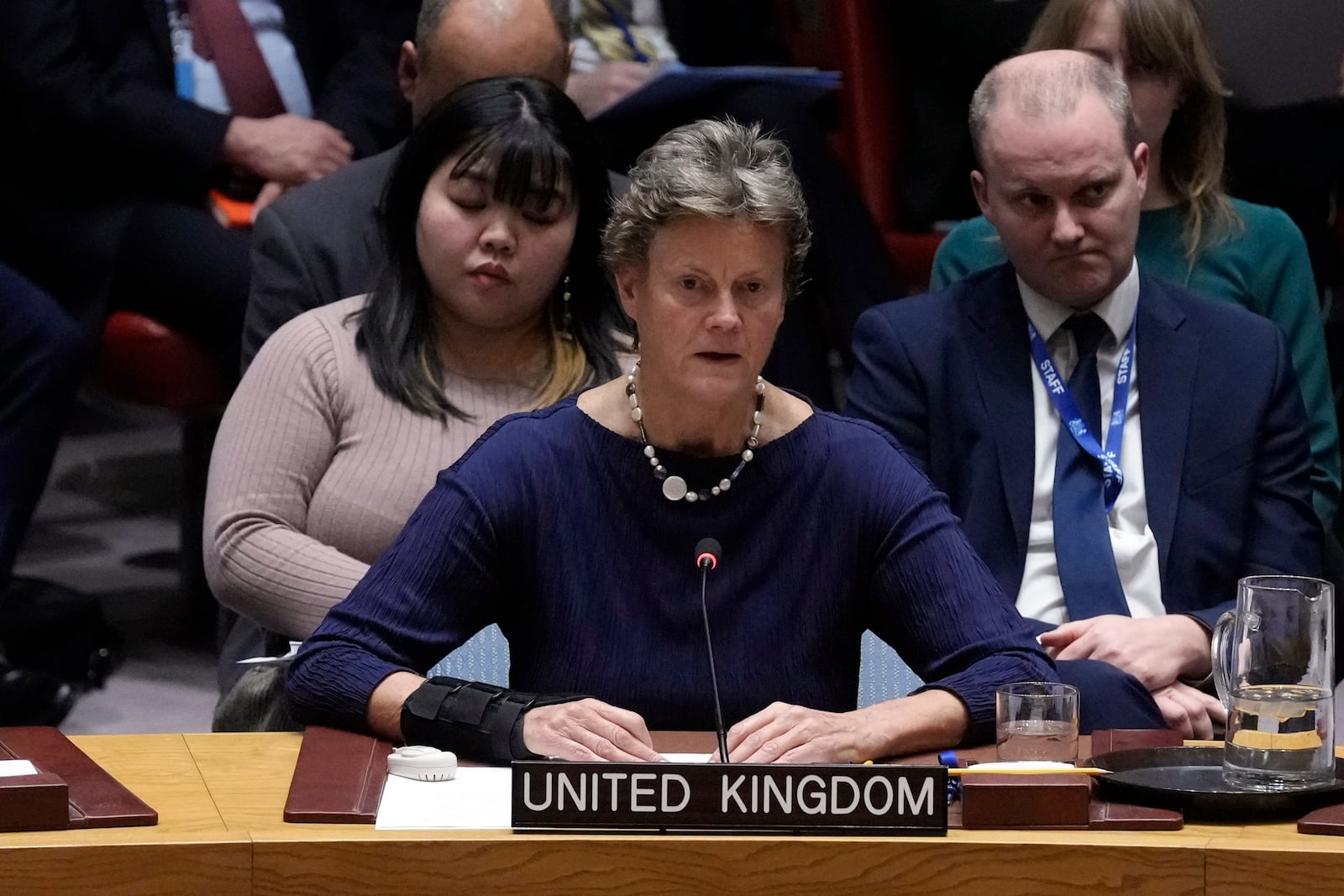 UK Ambassador Barbara Woodward addresses the U.N. Security Council, Monday, Feb. 24, 2025, at the United Nations headquarters. (AP Photo/Richard Drew)