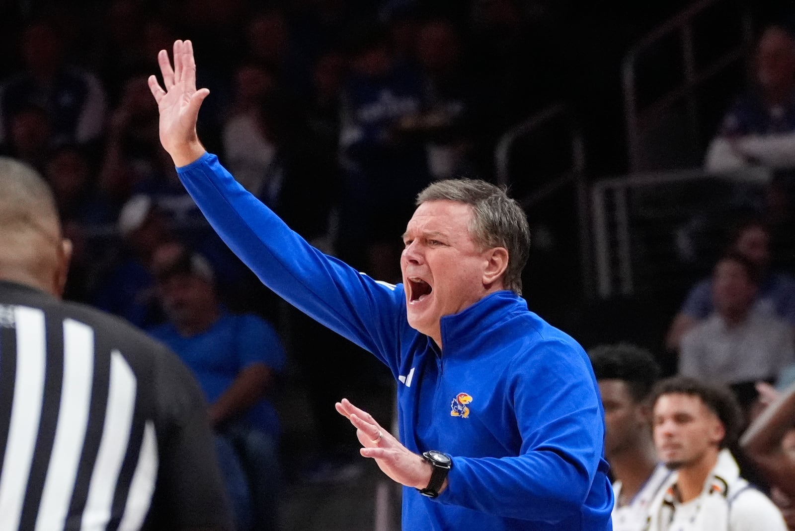 Kansas head coach Bill Self reacts on the sidieline during the first half of an NCAA college basketball game against Michigan State, Tuesday, Nov. 12, 2024, in Atlanta. (AP Photo/John Bazemore )